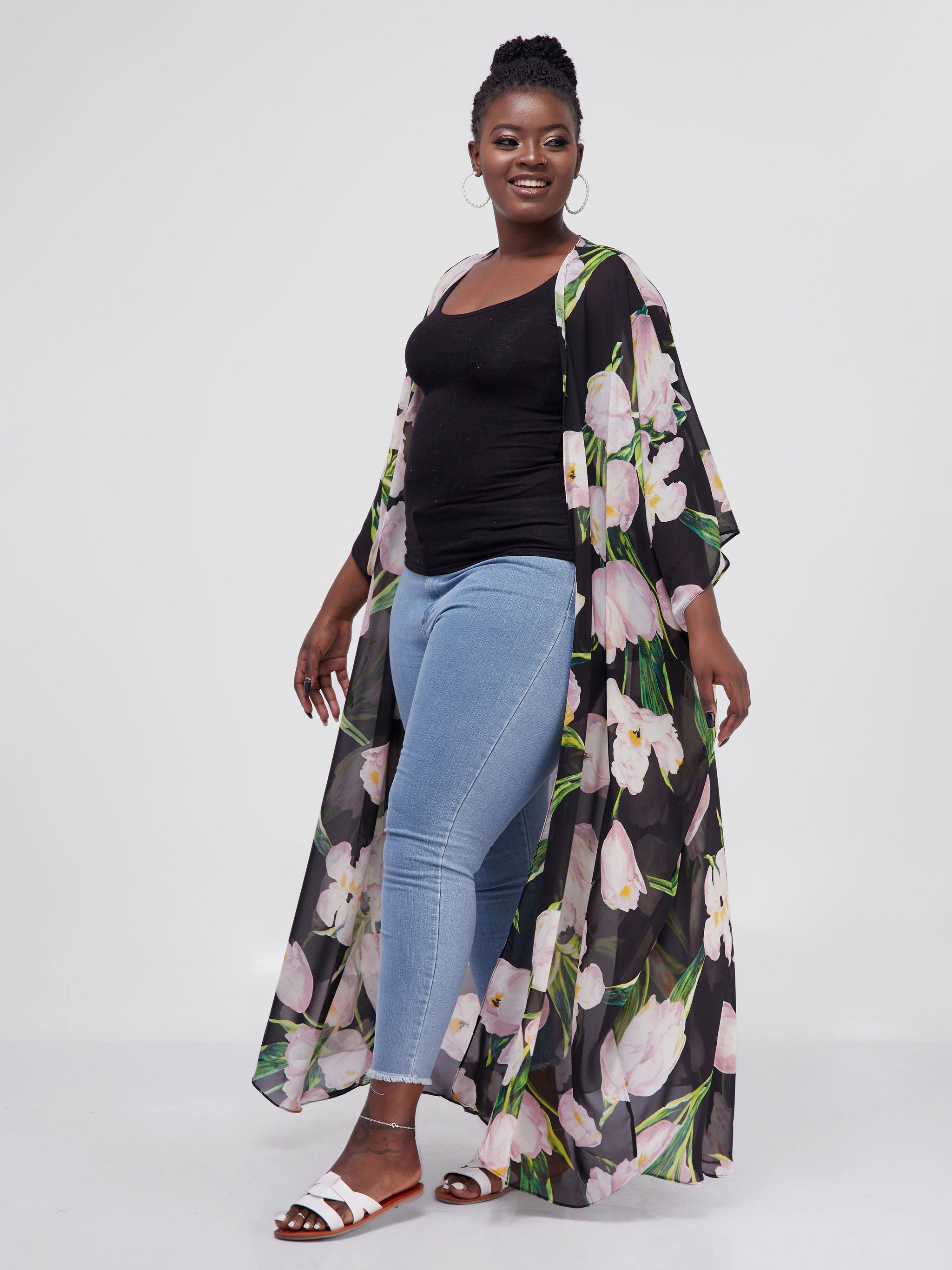 Vivo Muna Chiffon Kimono - Black / Pink Floral Print