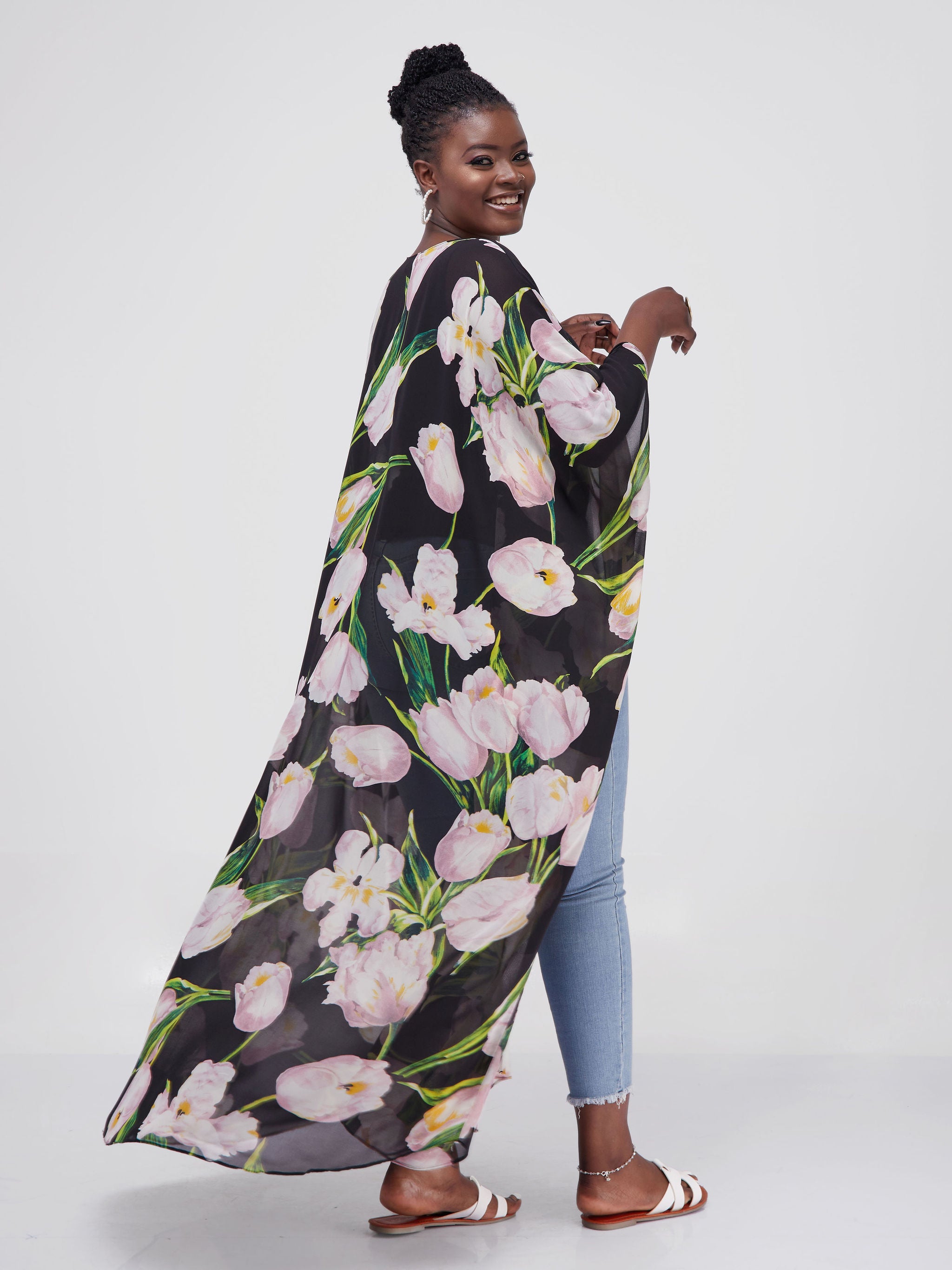 Vivo Muna Chiffon Kimono - Black / Pink Floral Print
