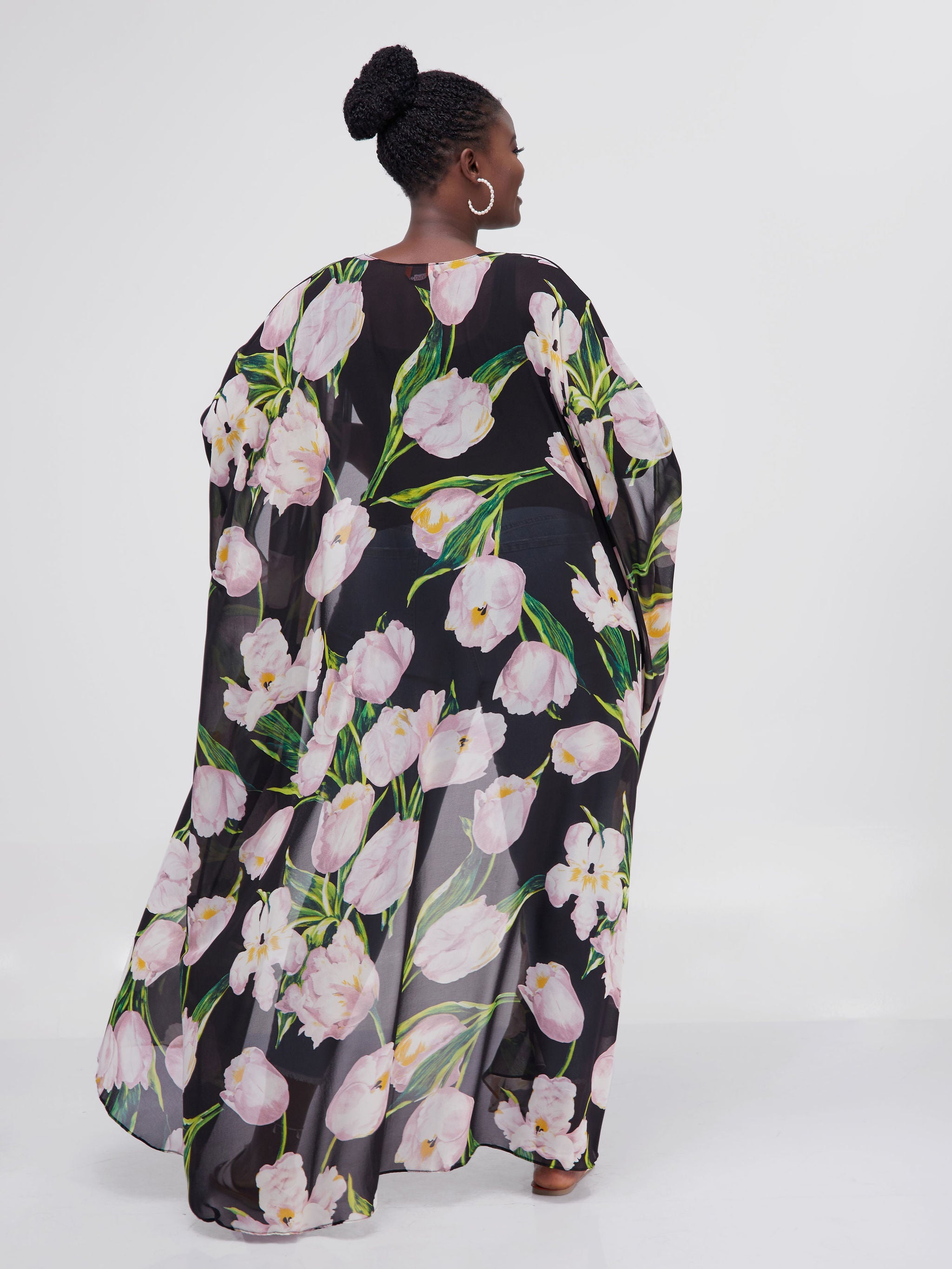 Vivo Muna Chiffon Kimono - Black / Pink Floral Print