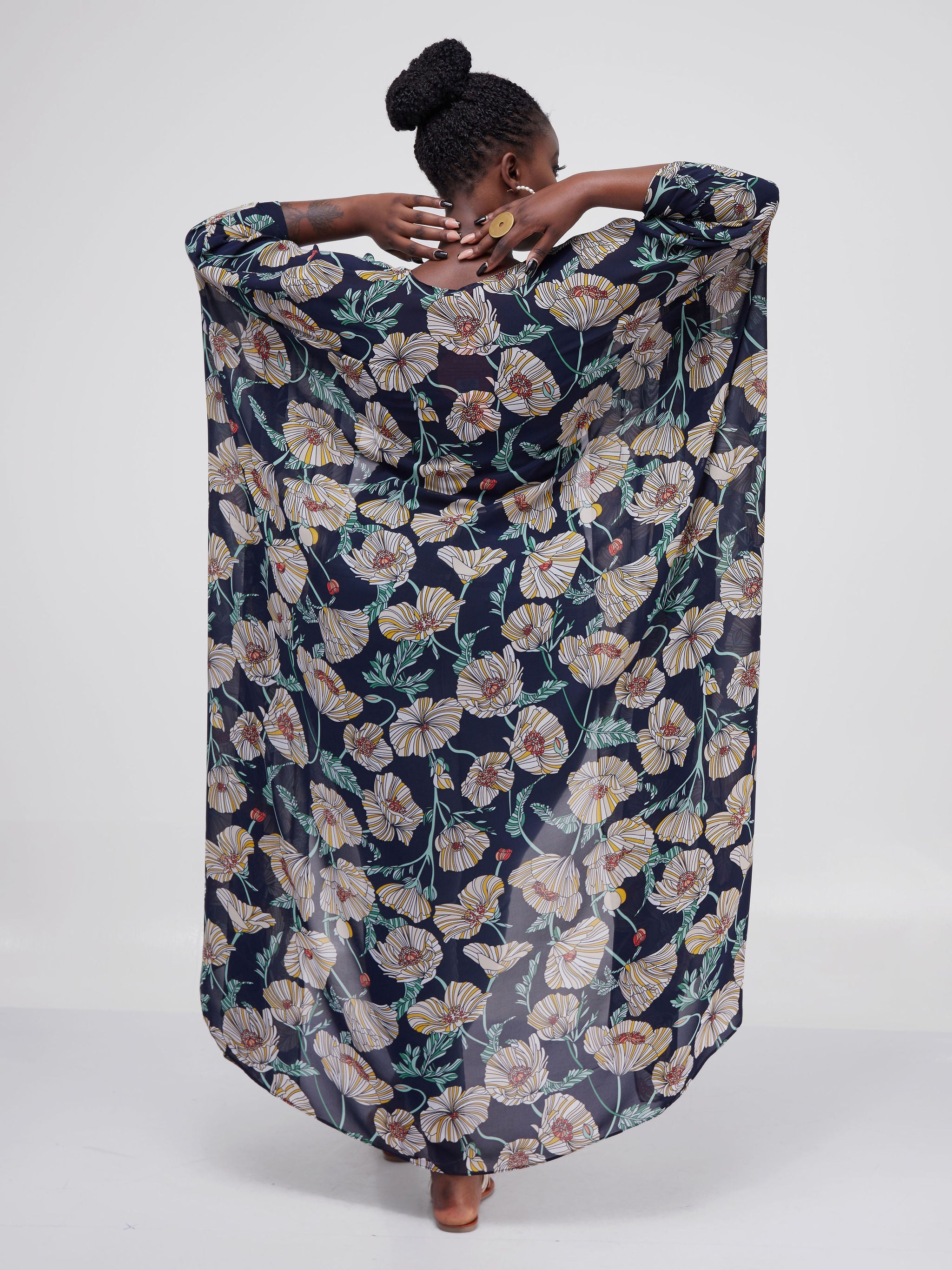 Vivo Muna Chiffon Kimono - Navy Blue / Yellow Floral Print