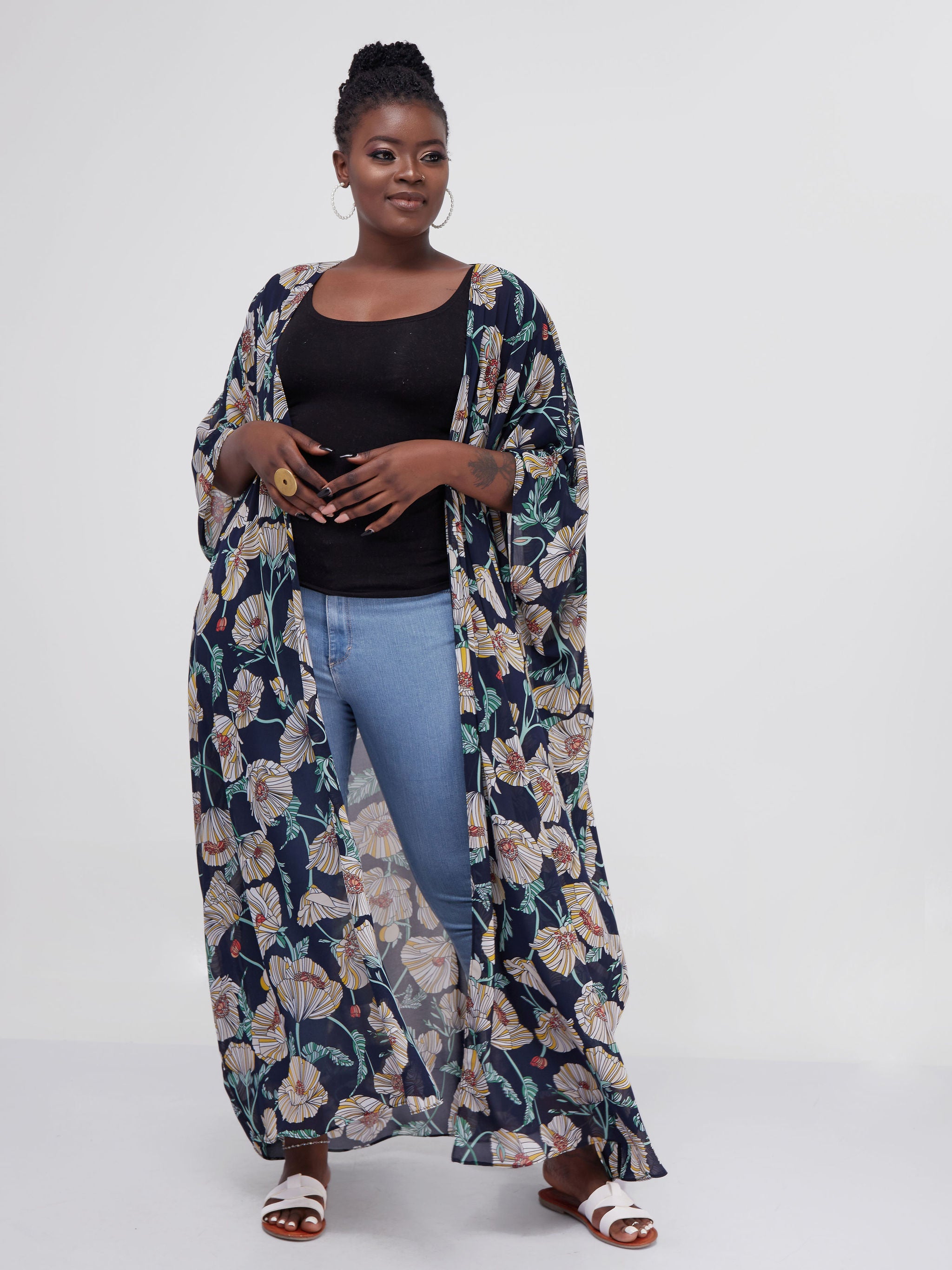 Vivo Muna Chiffon Kimono - Navy Blue / Yellow Floral Print