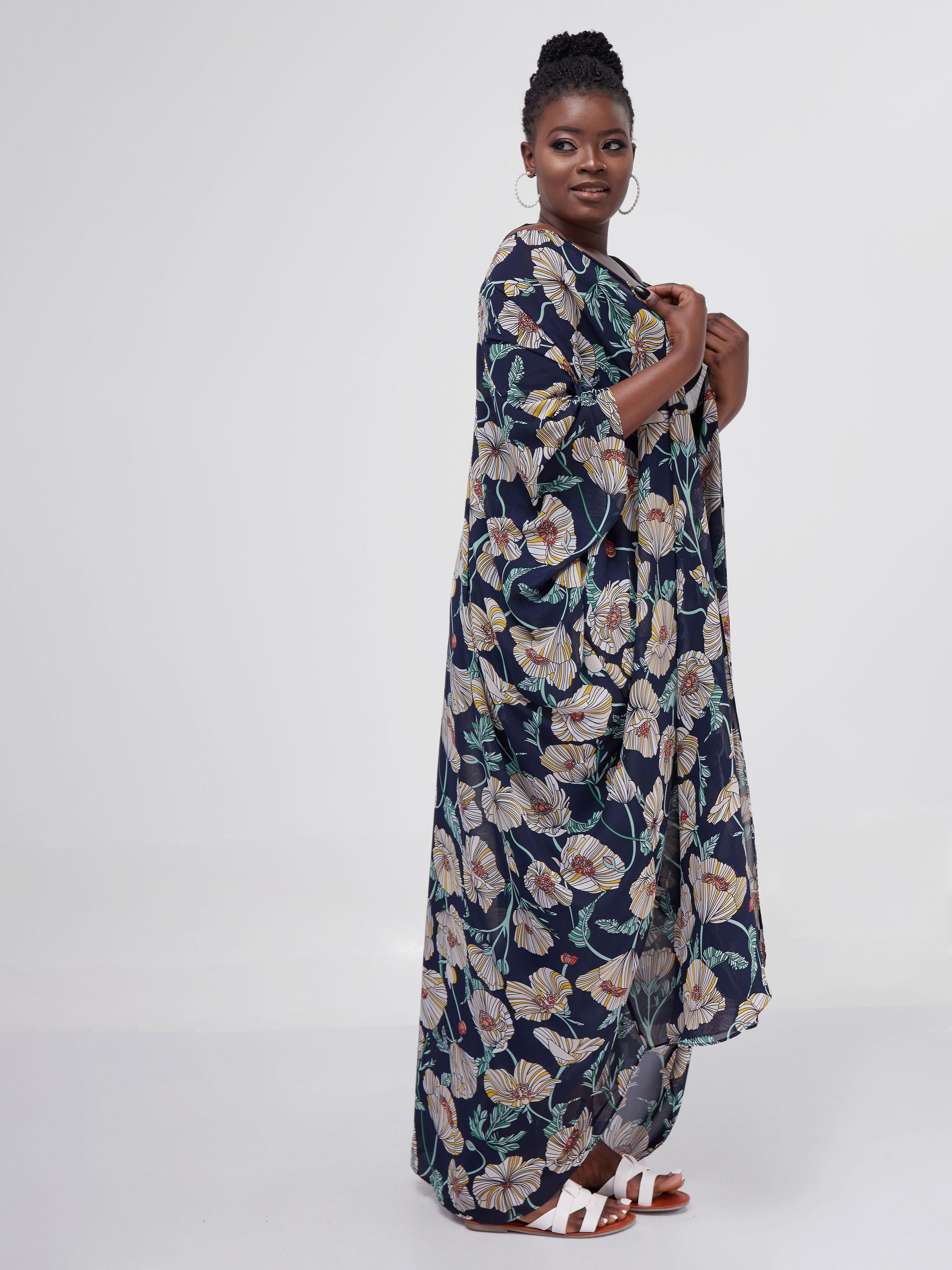Vivo Muna Chiffon Kimono - Navy Blue / Yellow Floral Print