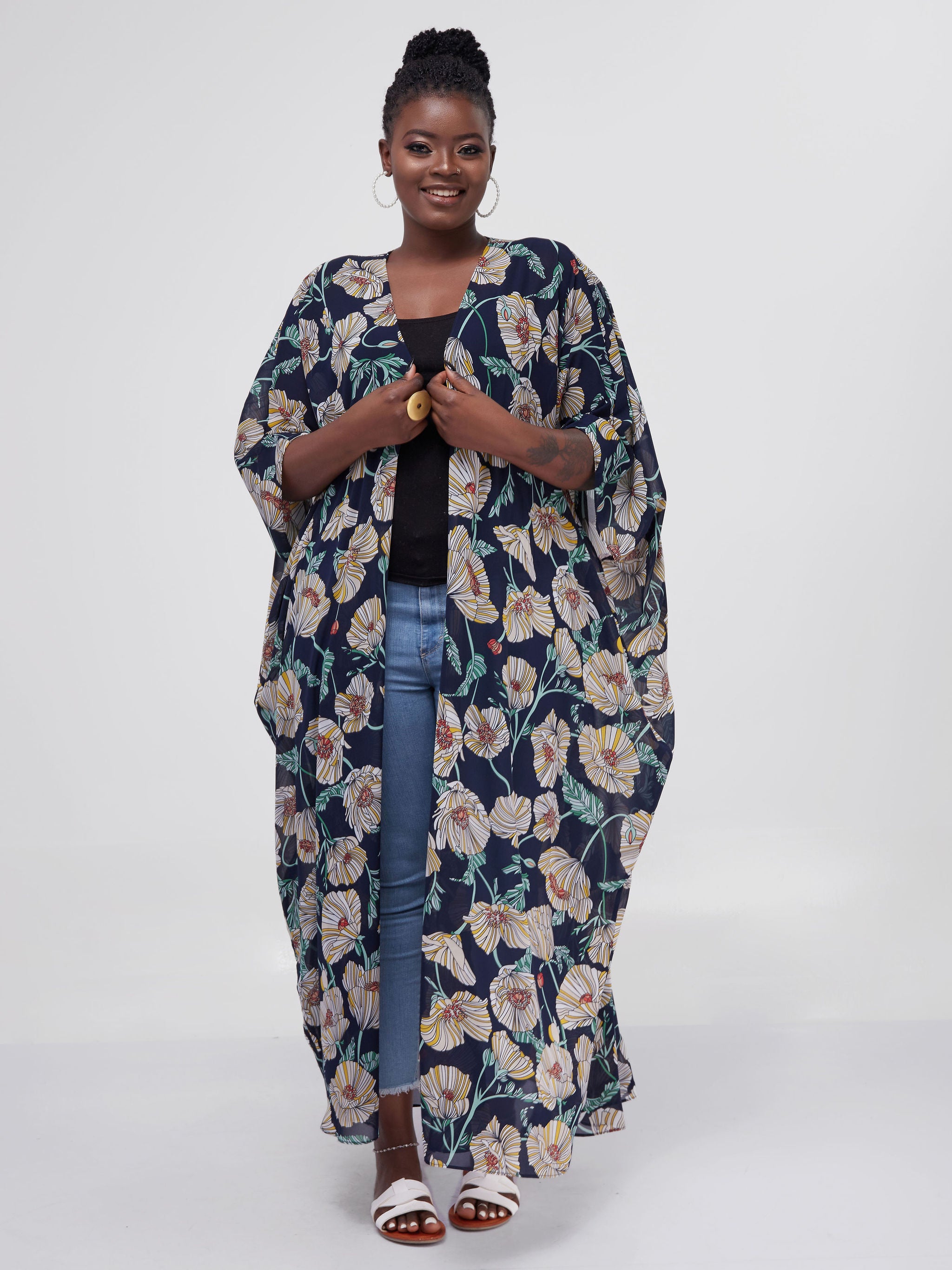Vivo Muna Chiffon Kimono - Navy Blue / Yellow Floral Print