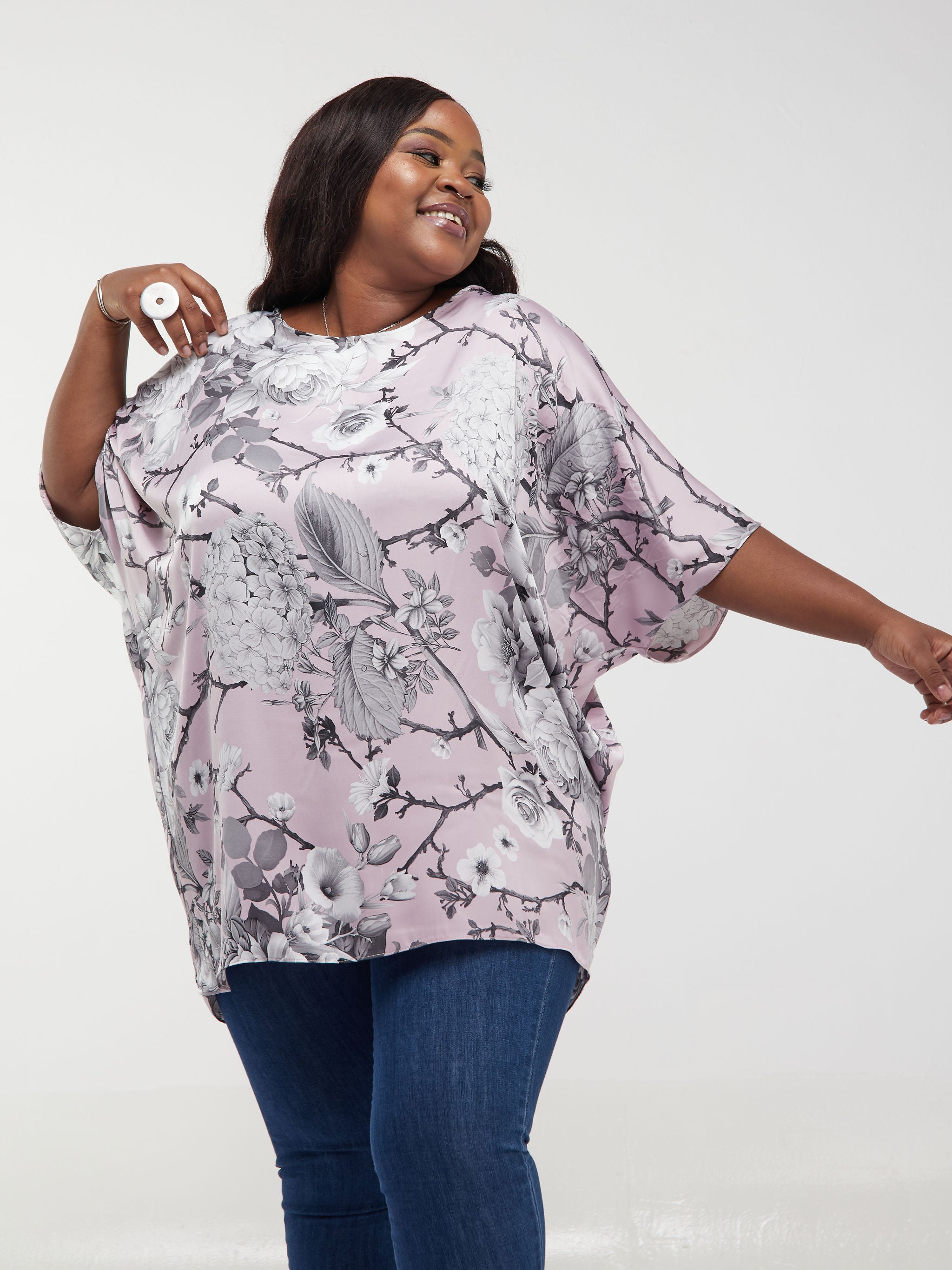 Vivo Thando Dolman Tunic Top - Pink / Grey Print