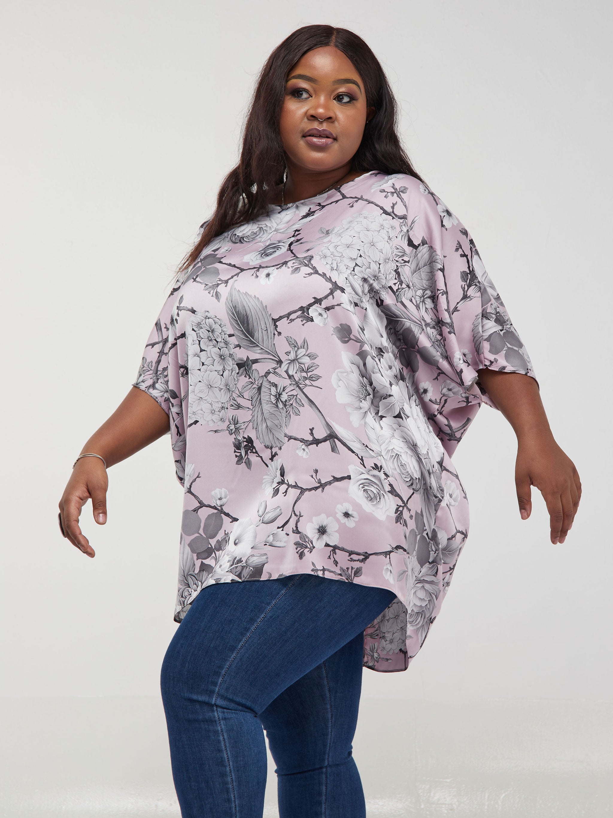 Vivo Thando Dolman Tunic Top - Pink / Grey Print