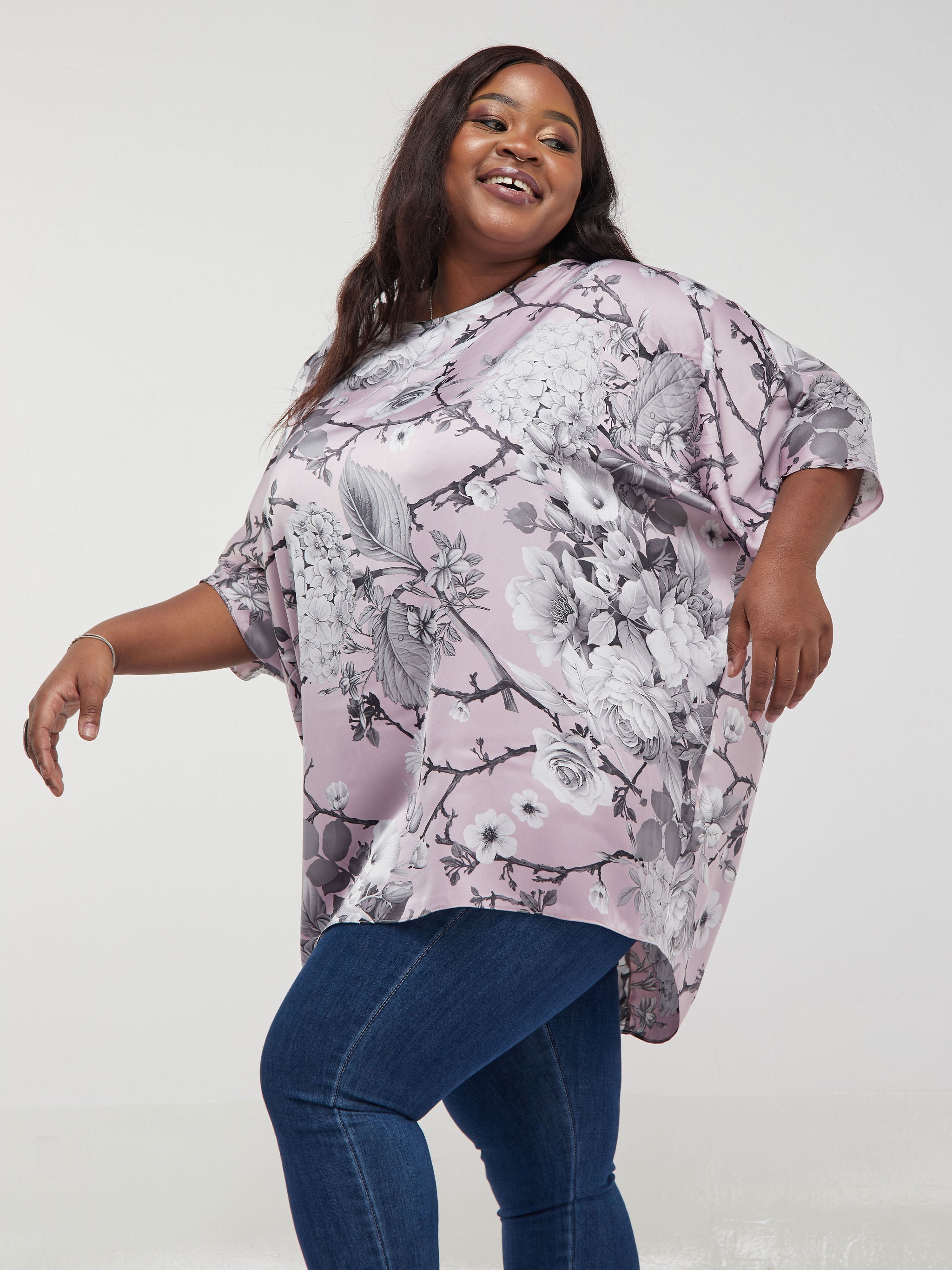 Vivo Thando Dolman Tunic Top - Pink / Grey Print