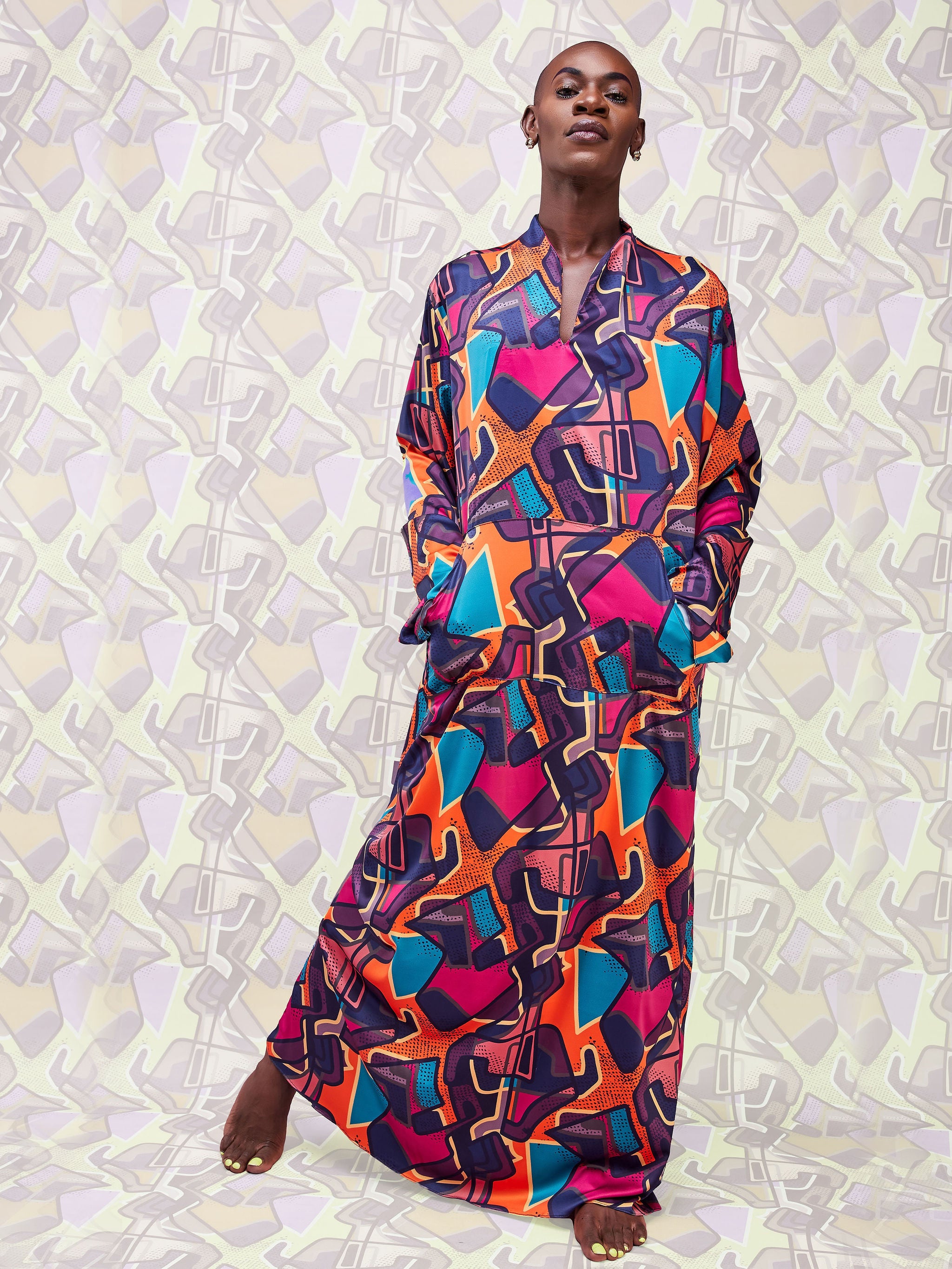 Zoya Brave Satin Long Kaftan - Purple Abstract Print