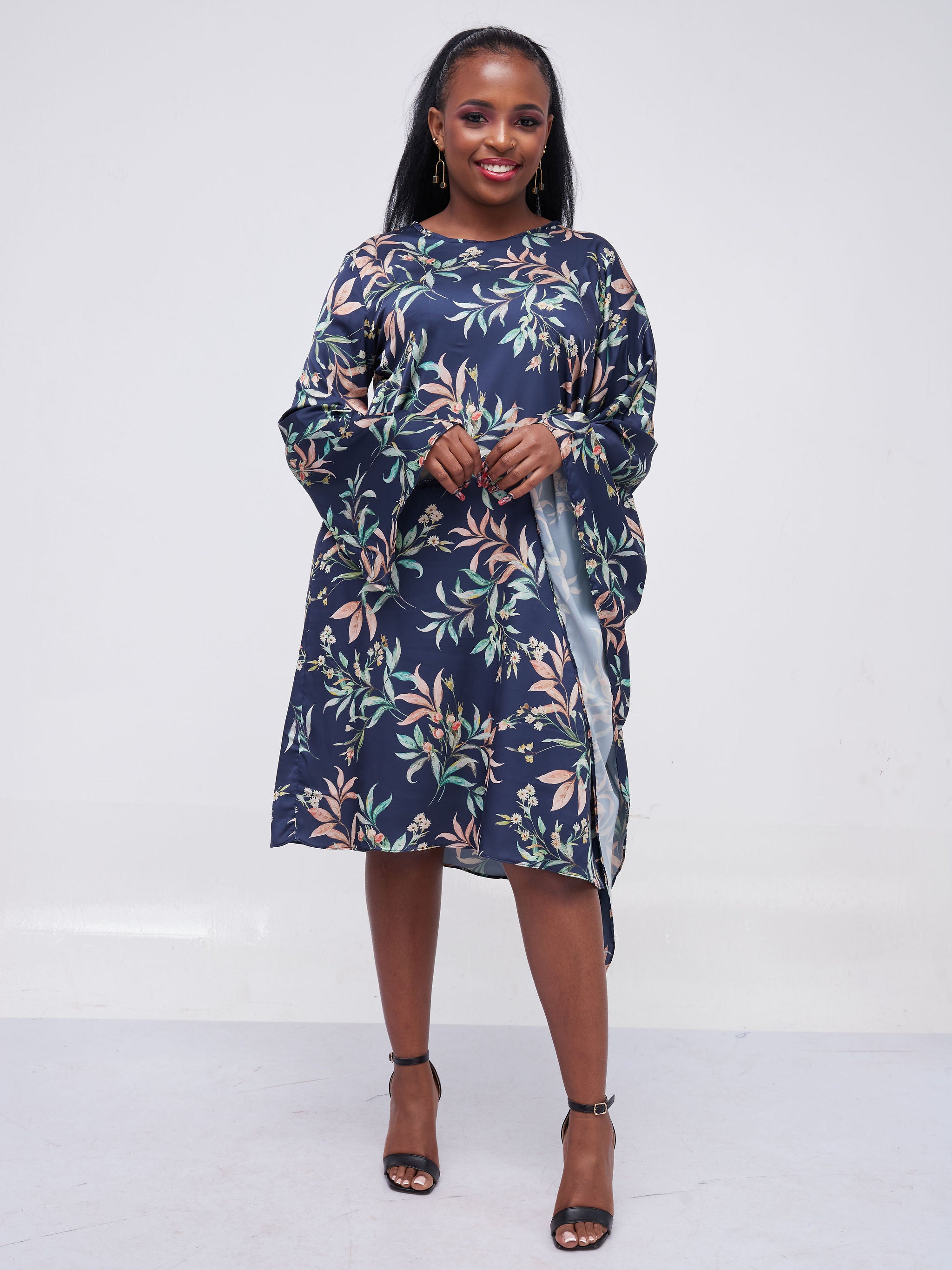 Vivo Jamila Side Drape Knee Length Dress - Navy Blue Leaf Print