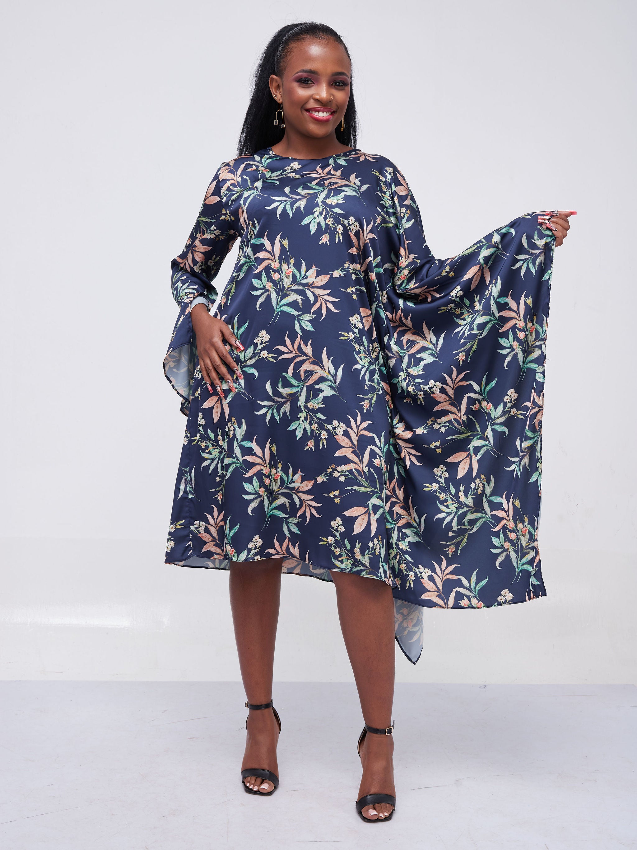 Vivo Jamila Side Drape Knee Length Dress - Navy Blue Leaf Print