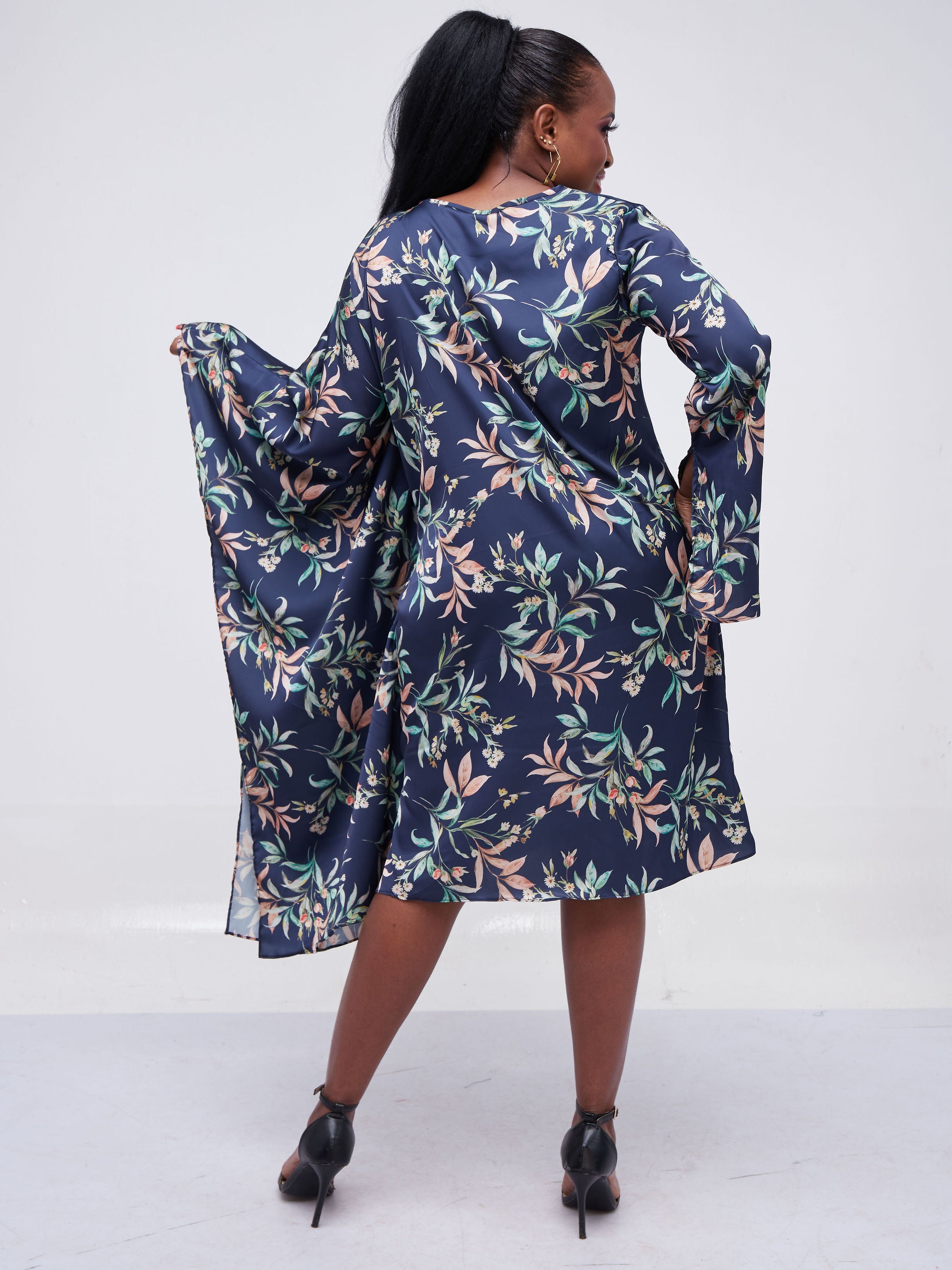 Vivo Jamila Side Drape Knee Length Dress - Navy Blue Leaf Print