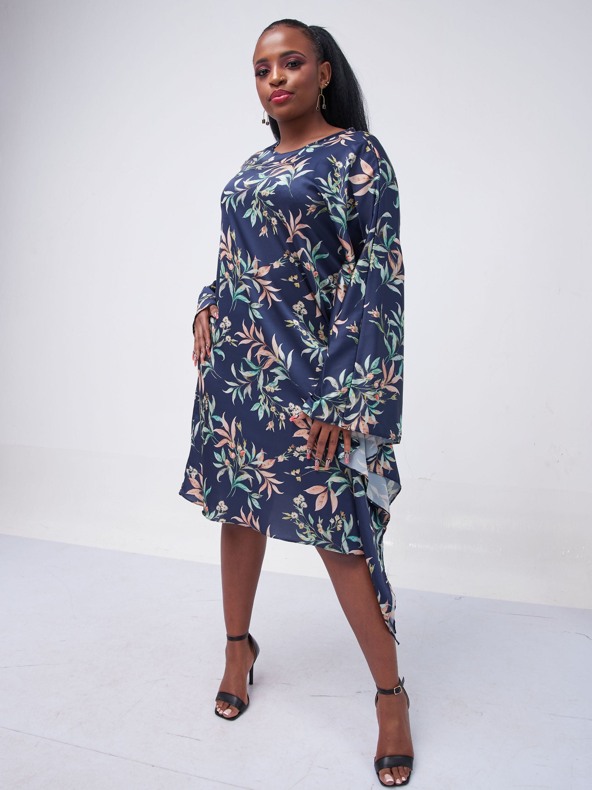Vivo Jamila Side Drape Knee Length Dress - Navy Blue Leaf Print