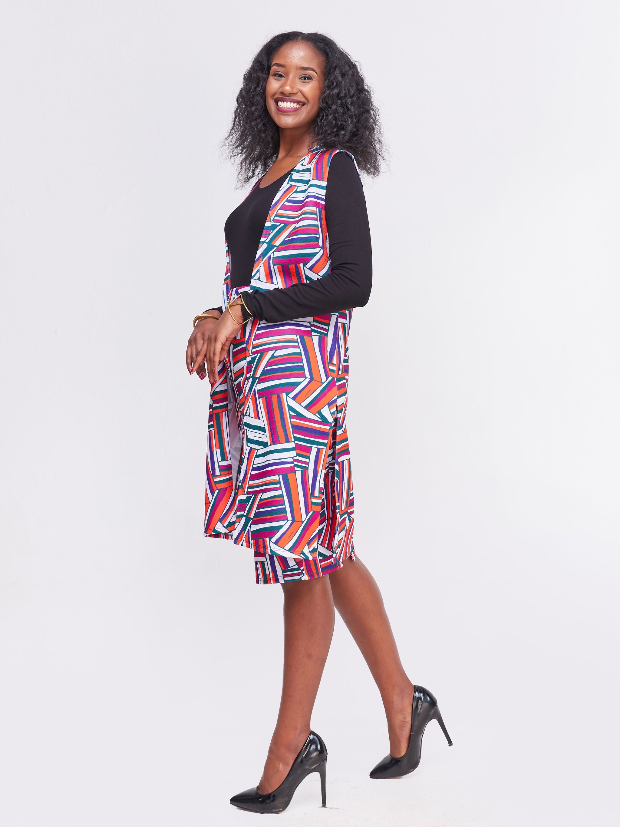 Vivo Hema Sleeveless Overcoat - Dark Green / Orange Abstract Print