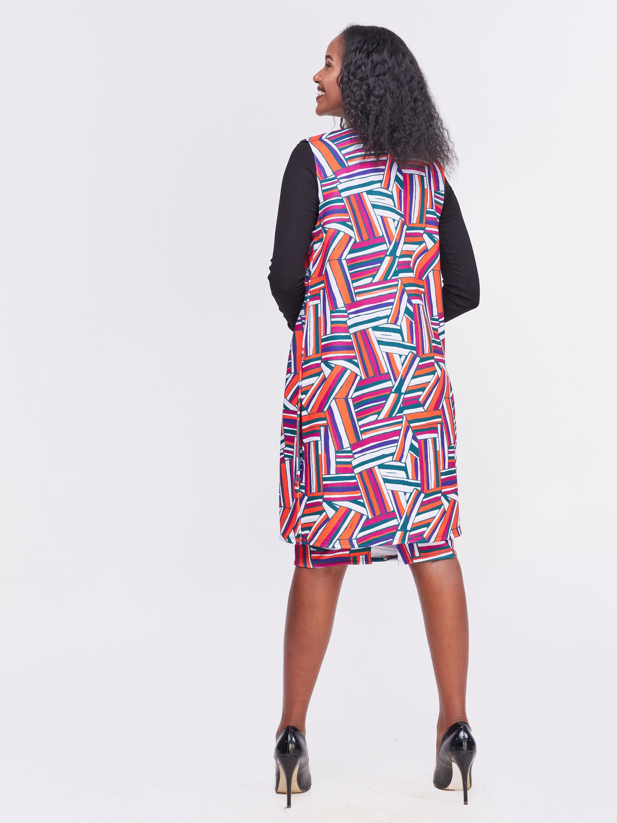Vivo Hema Sleeveless Overcoat - Dark Green / Orange Abstract Print