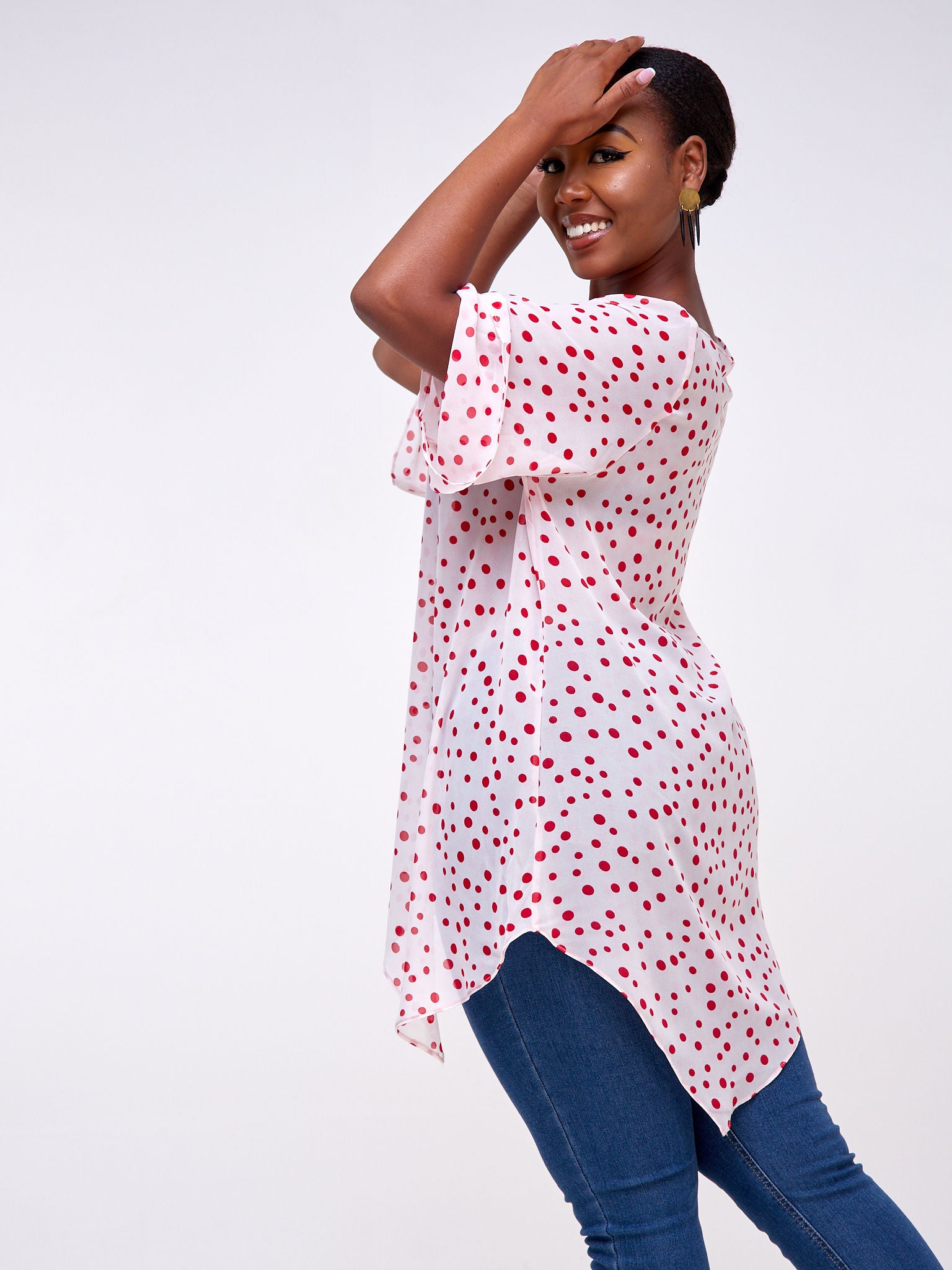 Vivo Sana Asymmetrical Angel Sleeve Top - Red / White Polka Dot Print