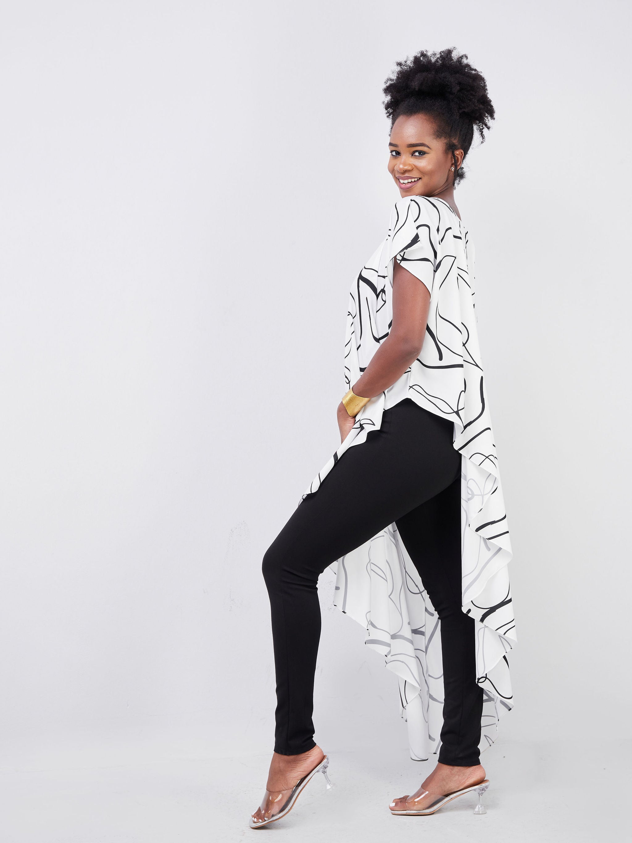 Vivo Adisa Drop Shoulder Asymmetric Top - Black / White Abstract Print