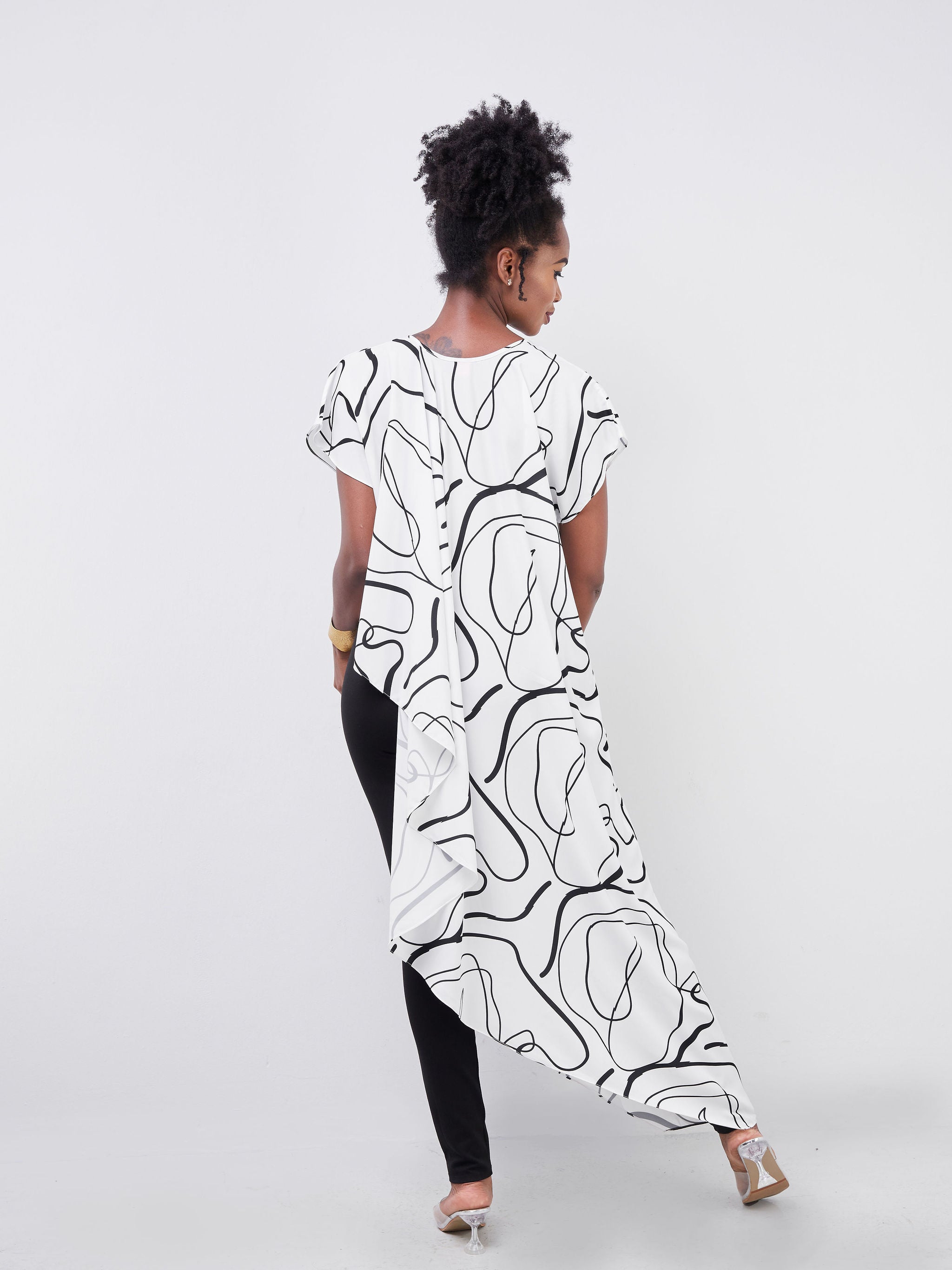 Vivo Adisa Drop Shoulder Asymmetric Top - Black / White Abstract Print