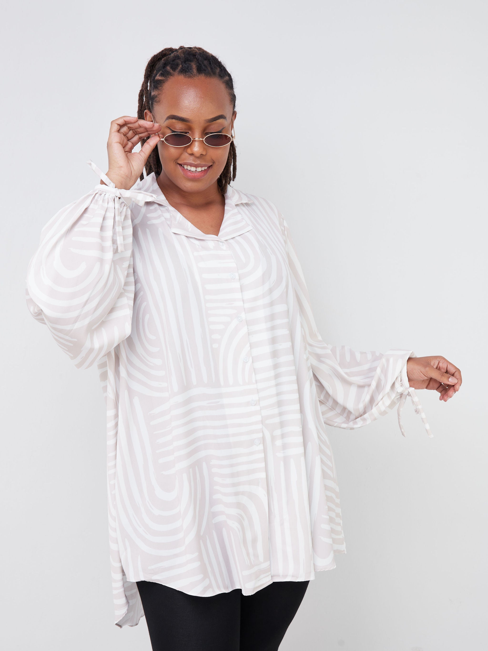 Vivo Malindi Bishop Sleeve Shirt (JK) - Nude Brown / White Abstract Print