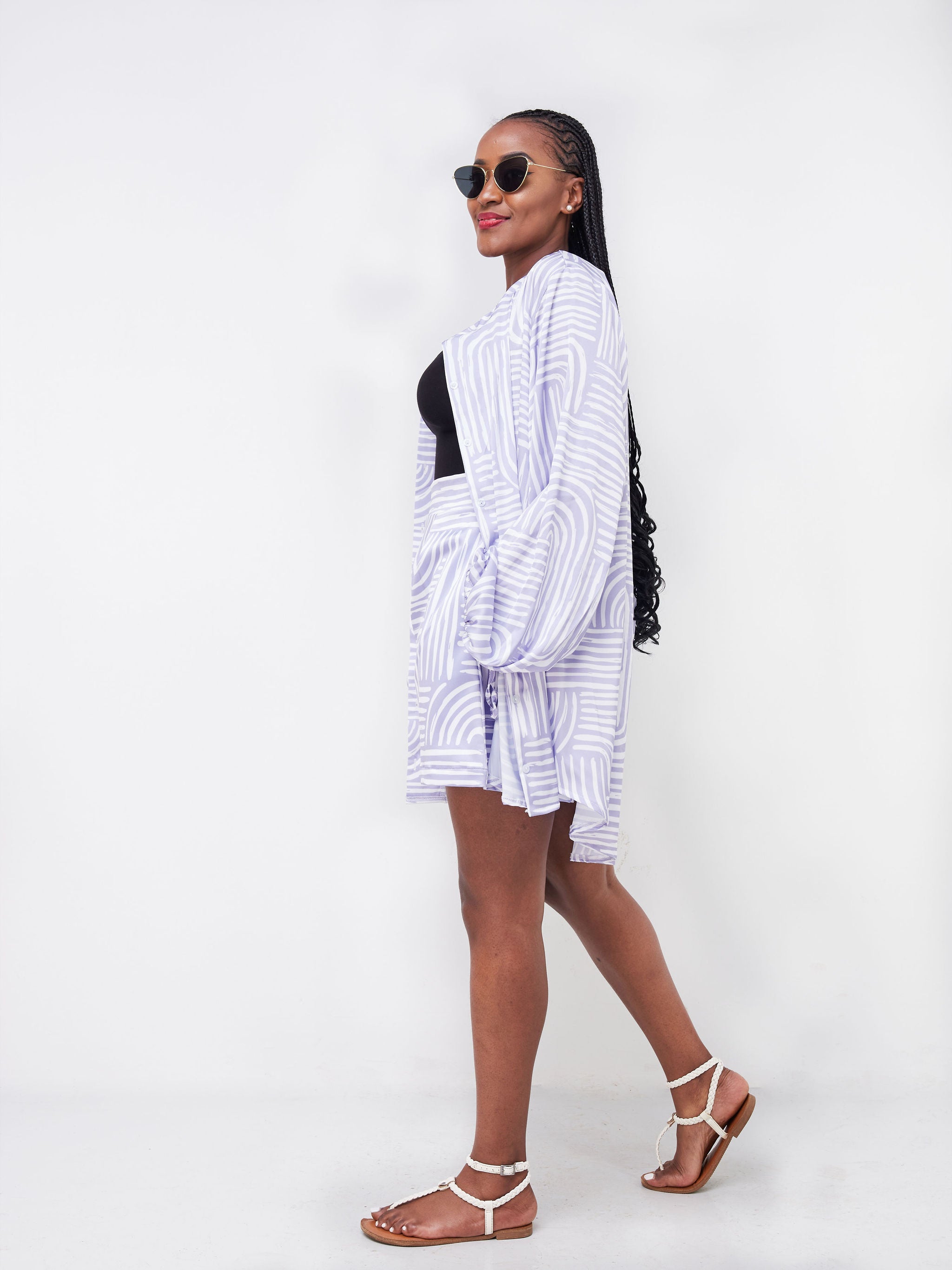 Vivo Malindi Collarless Oversized Shirt (JK) - Lilac / White Abstract Print