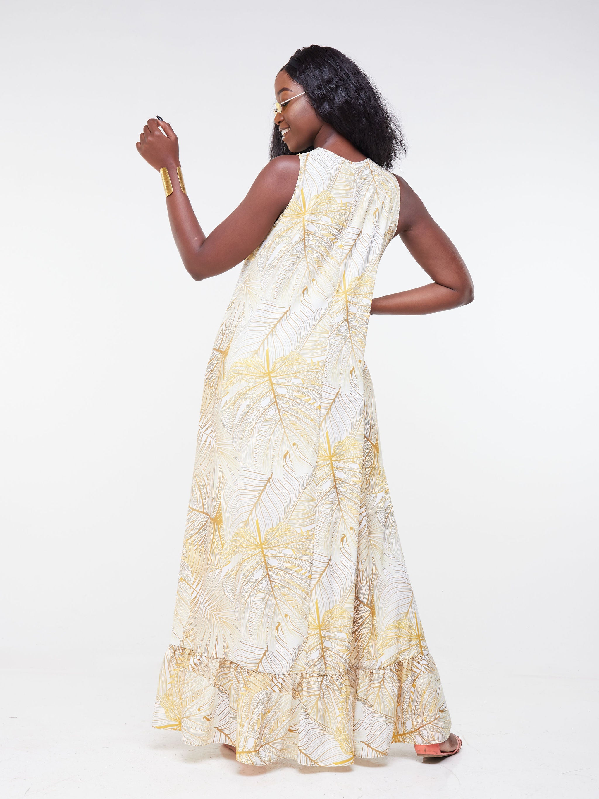 Vivo Malindi Sleeveless Maxi Dress (JK) - Gold / White Tropical Floral Print
