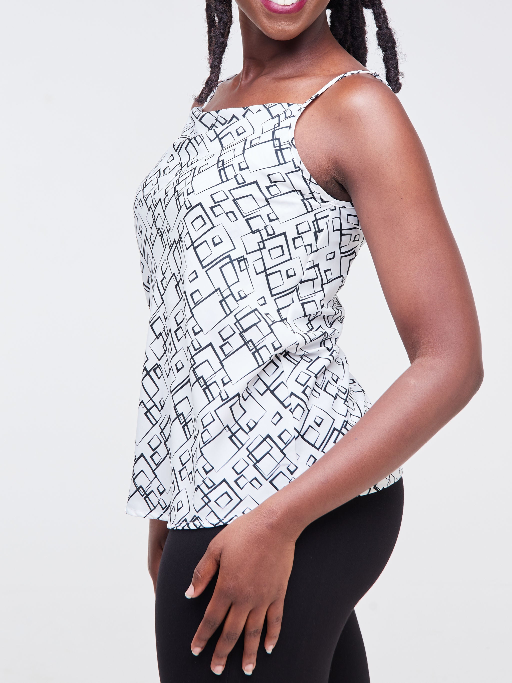 Vivo Fahari Strappy Cowl Top - Black / White Geometric Print