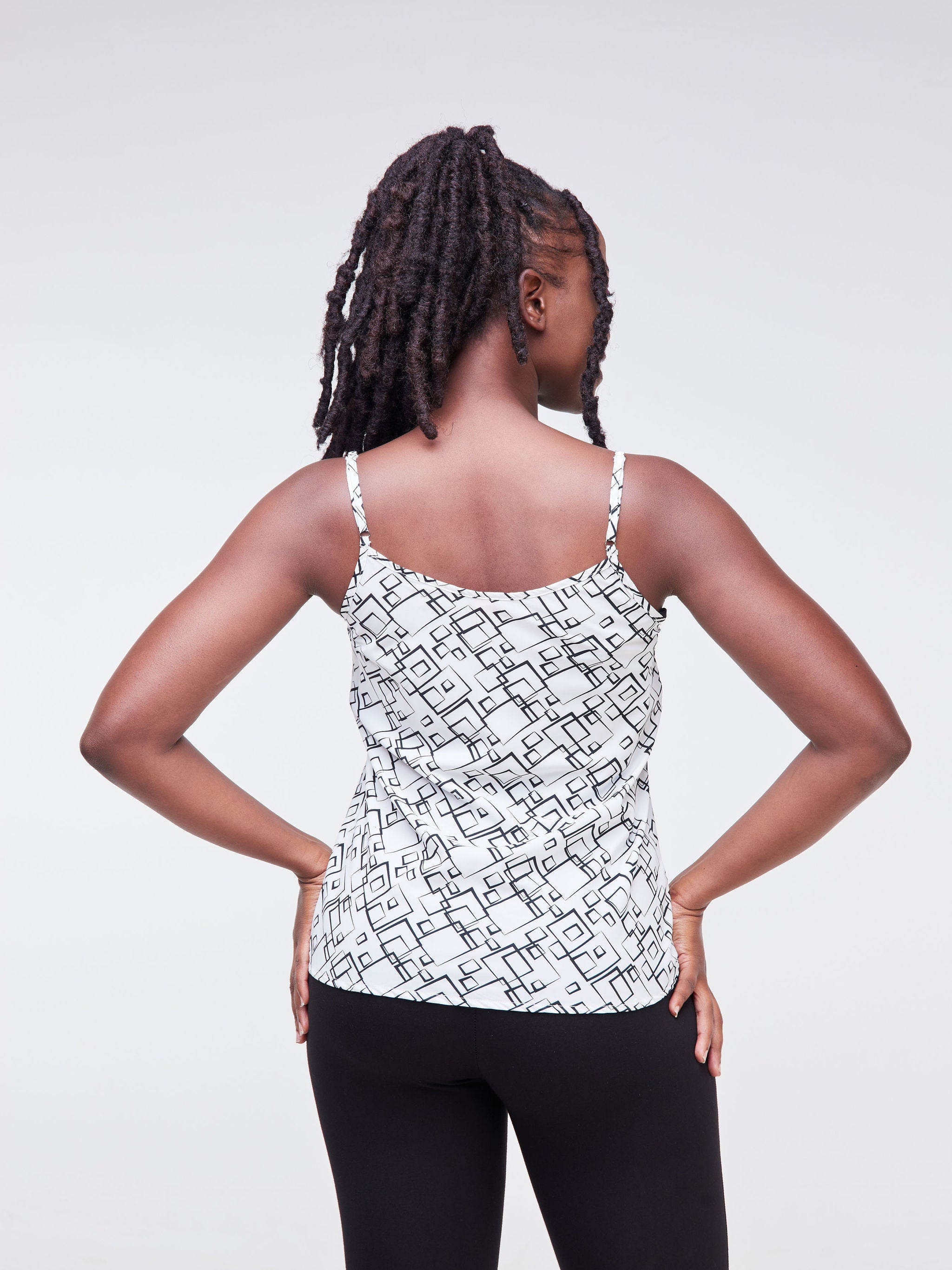 Vivo Fahari Strappy Cowl Top - Black / White Geometric Print