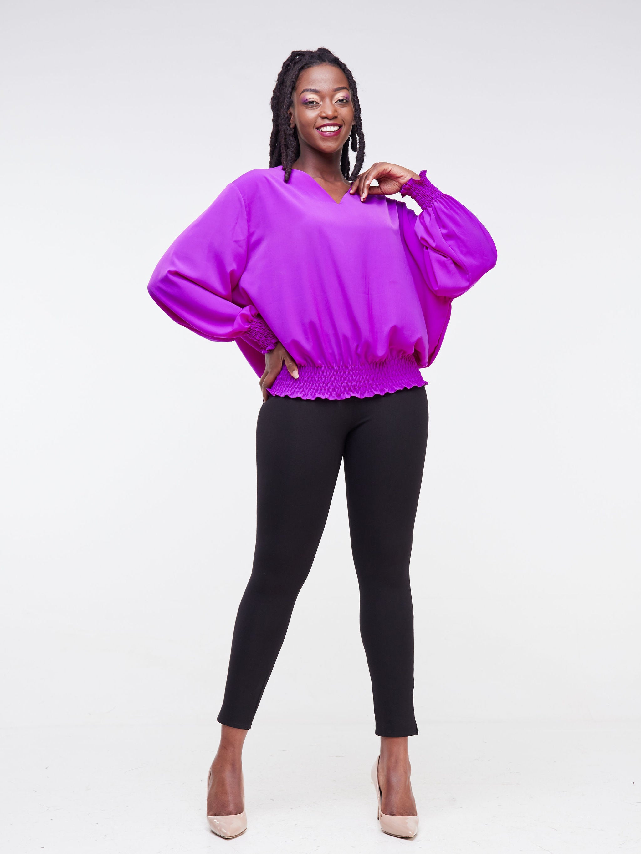 Vivo Fahari V-Neck Shirred Top - Purple