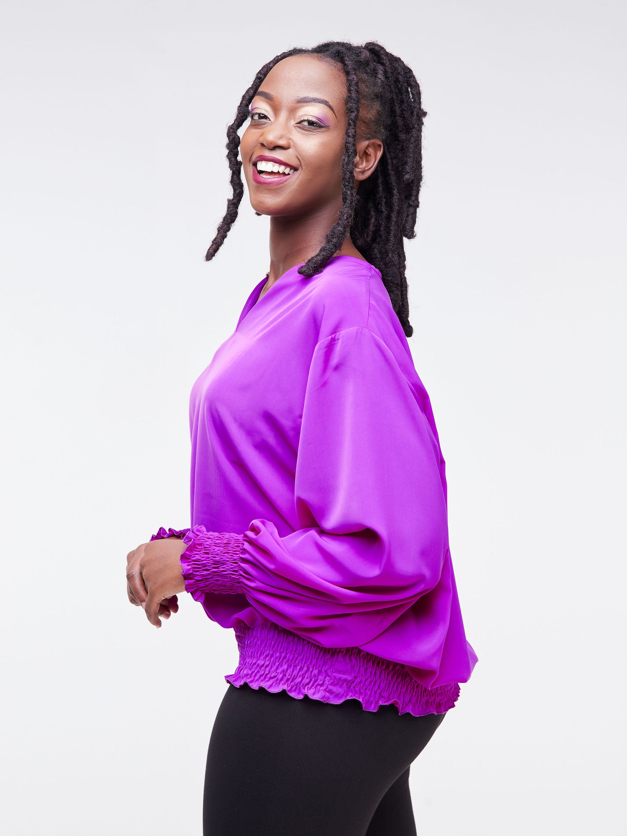 Vivo Fahari V-Neck Shirred Top - Purple