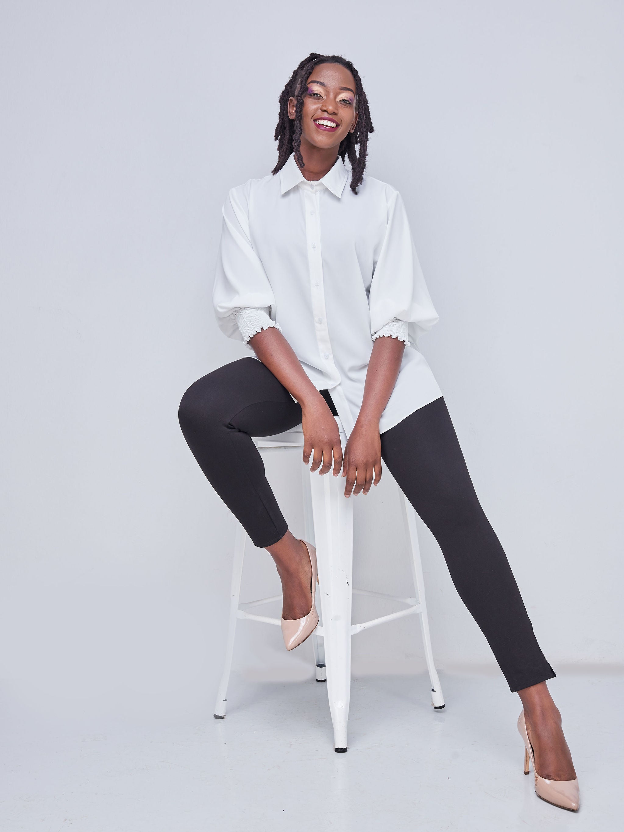 Vivo Fahari 3/4 Sleeve Shirred Shirt - White