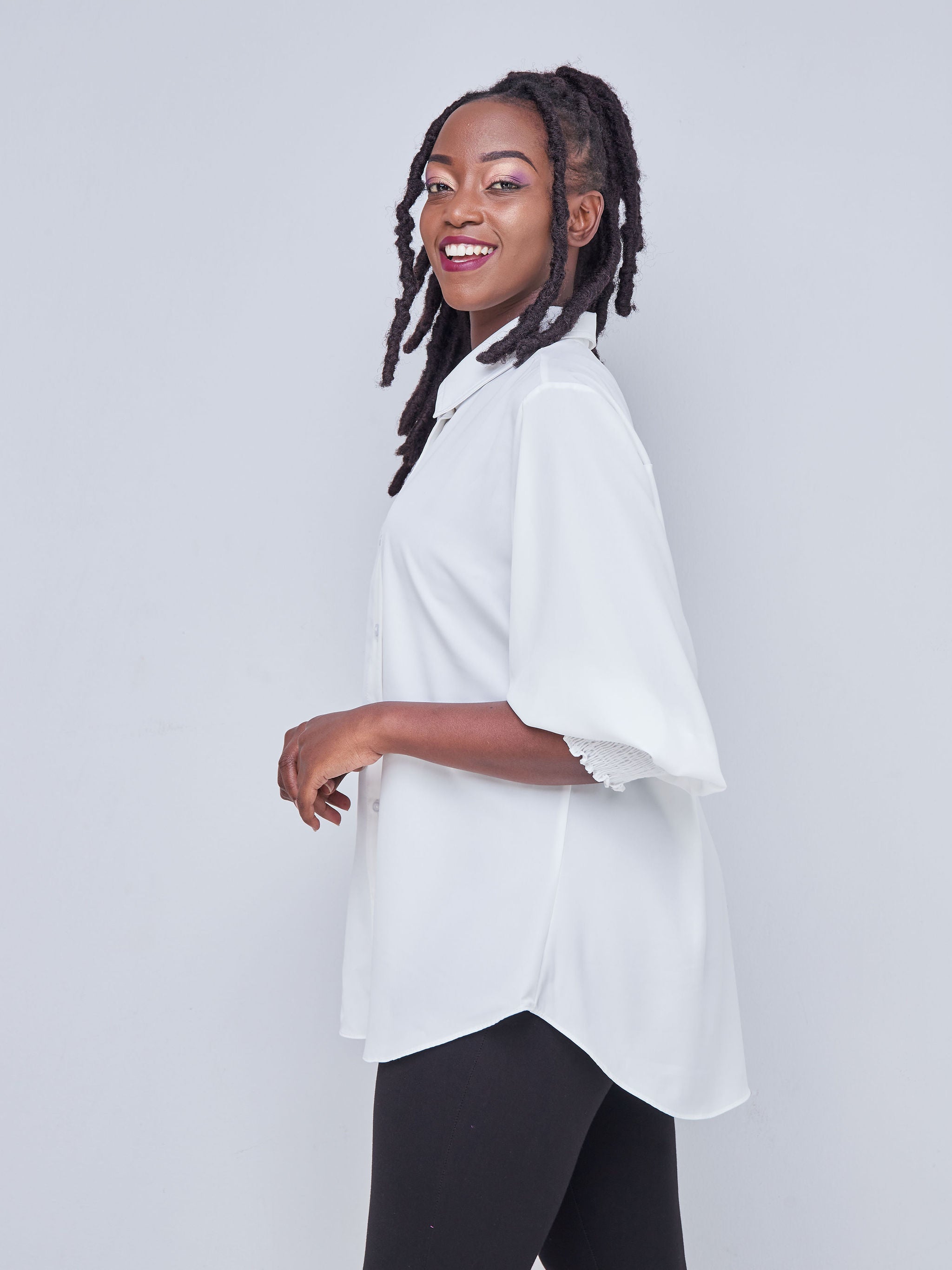 Vivo Fahari 3/4 Sleeve Shirred Shirt - White