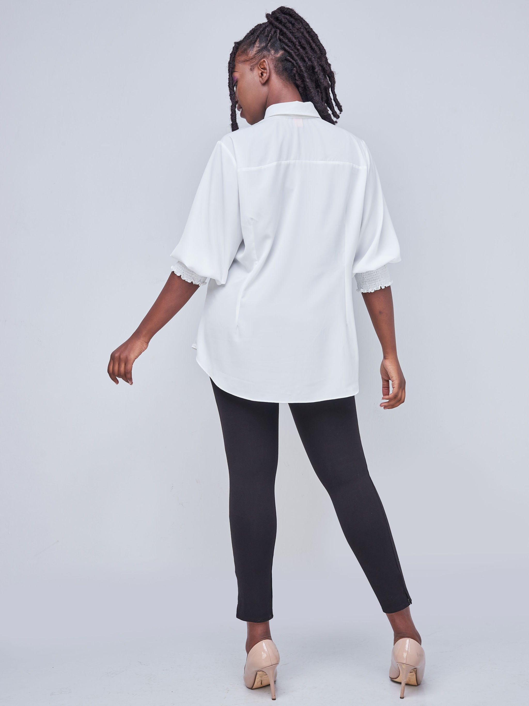 Vivo Fahari 3/4 Sleeve Shirred Shirt - White