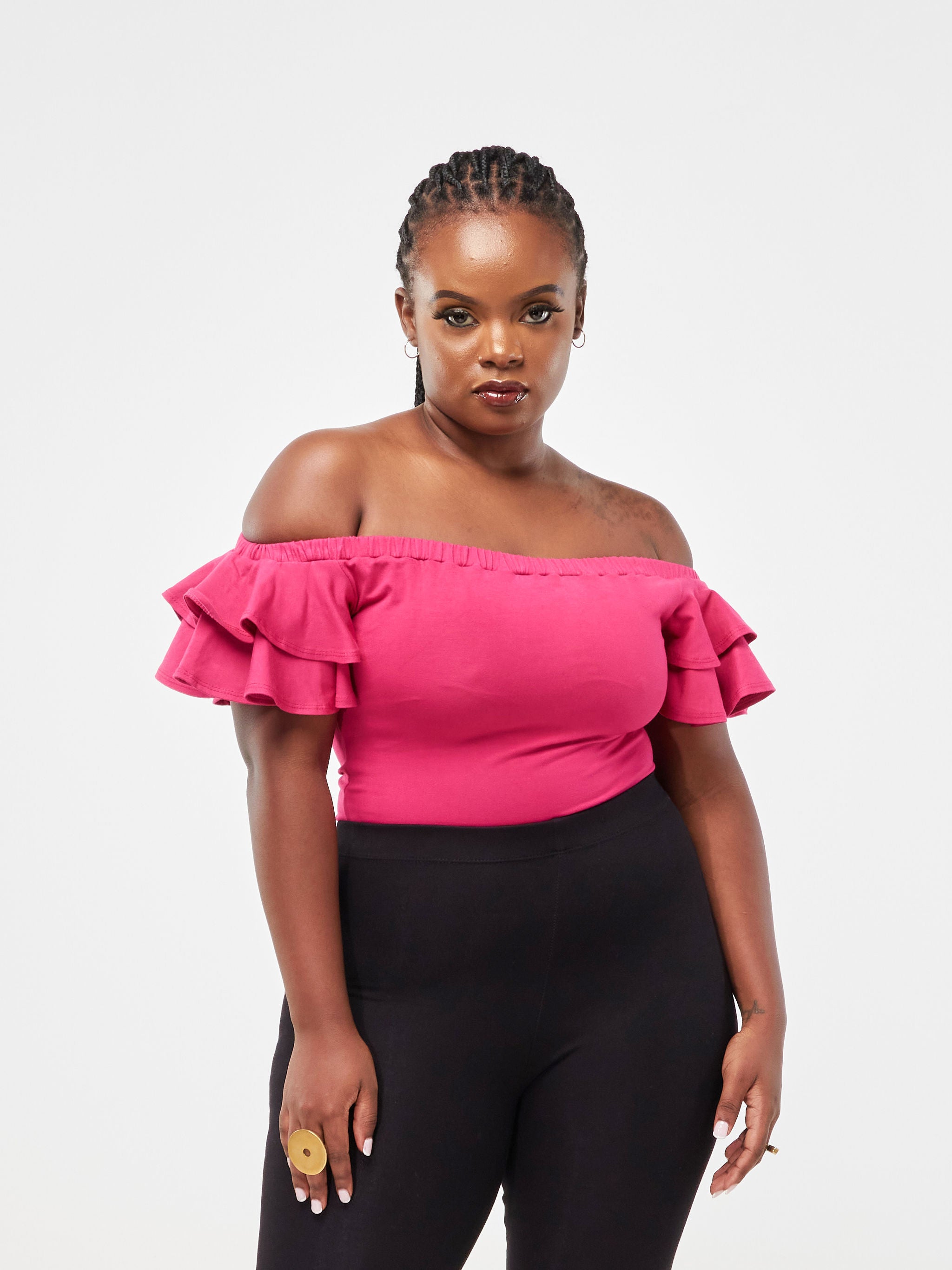 Vivo Fara Off Shoulder Flounce Sleeve Bodysuit - Pink