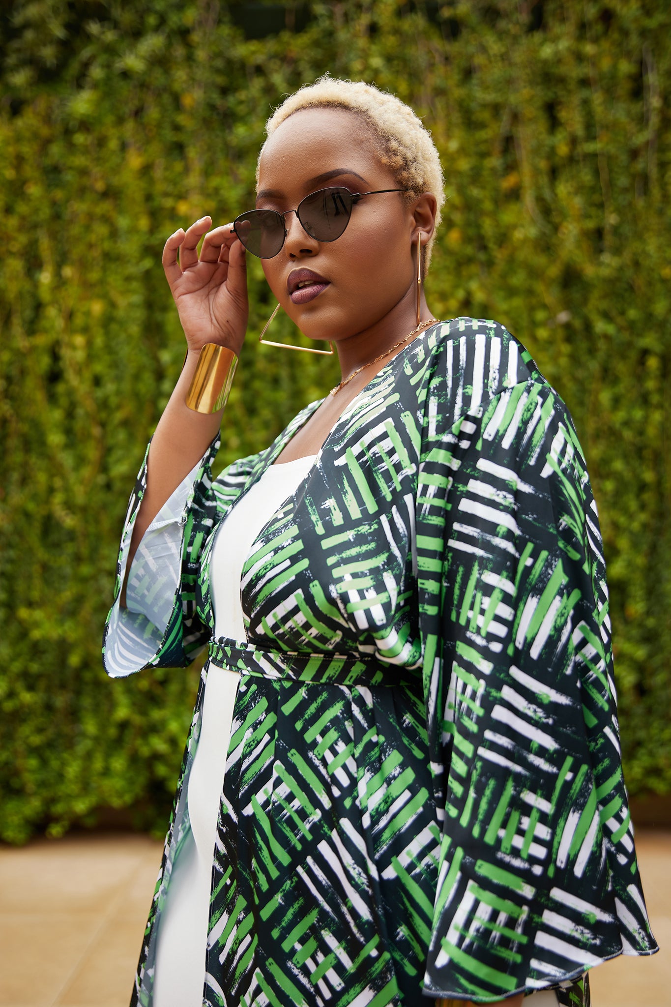 Zoya Essentials Long Satin Kimono -  Green Abstract