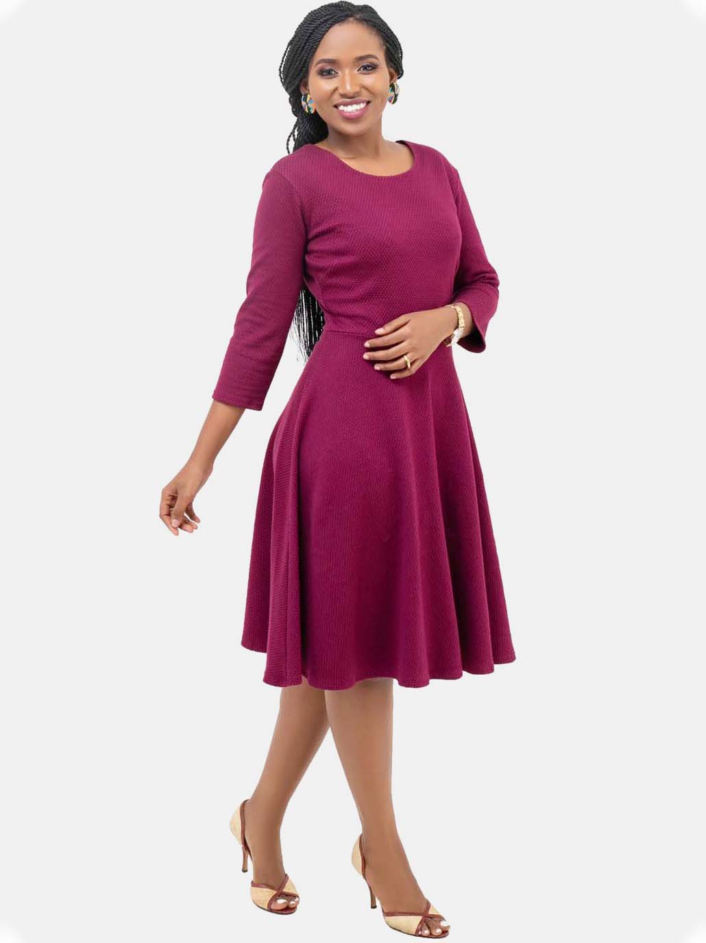 Vivo Basic 3/4 Sleeve Ponte Circular Dress - Burgundy