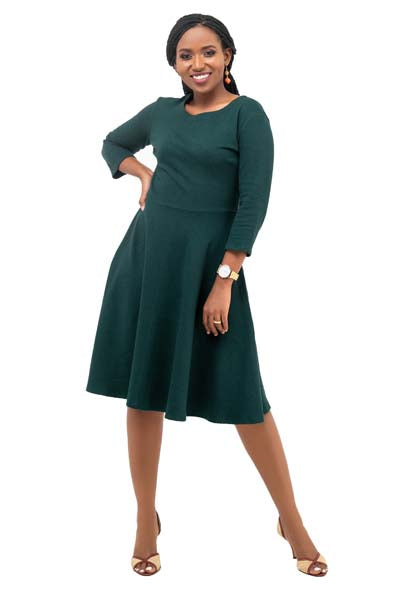 Vivo Basic 3/4 Sleeve Ponte Circular Dress - Dark Green