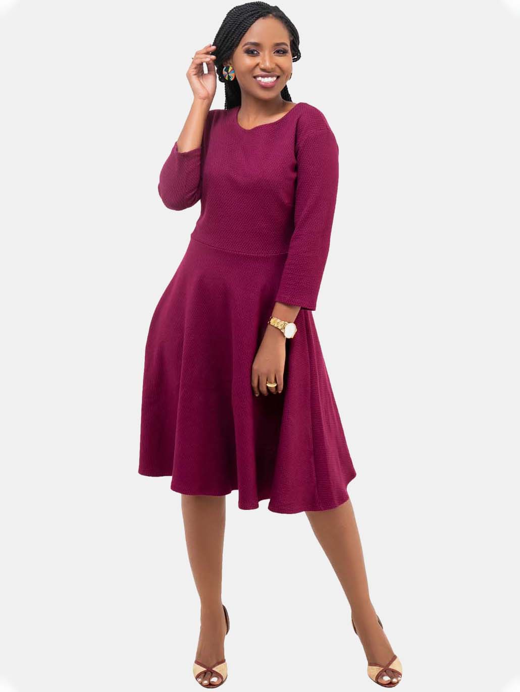 Vivo Basic 3/4 Sleeve Ponte Circular Dress - Burgundy