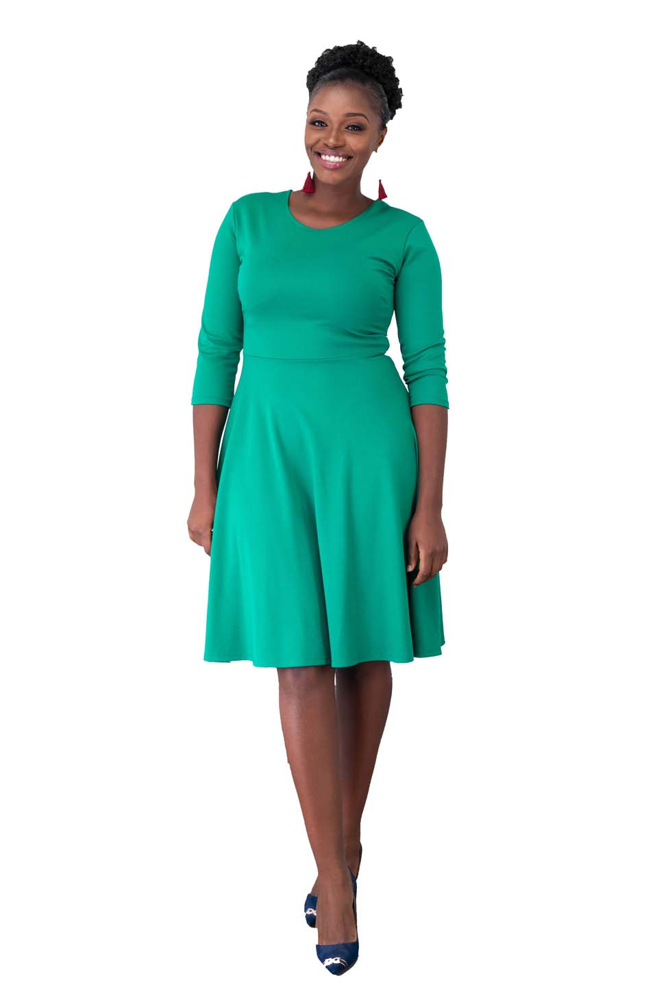 Vivo Basic 3/4 Sleeve Ponte Circular Dress - Green