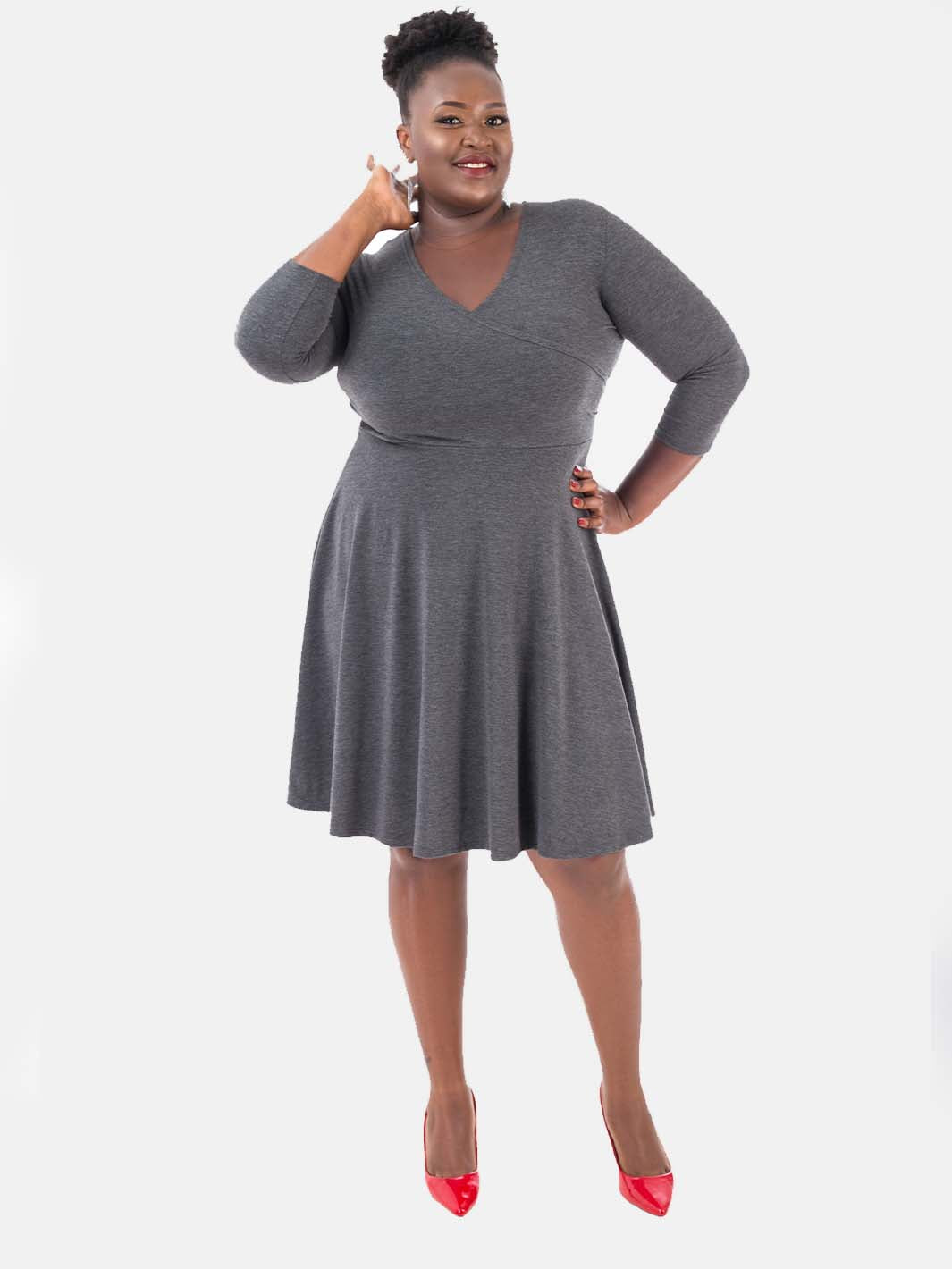 Vivo 3/4 Sleeve Faux Wrap Dress - Dark Grey (Special Offer)