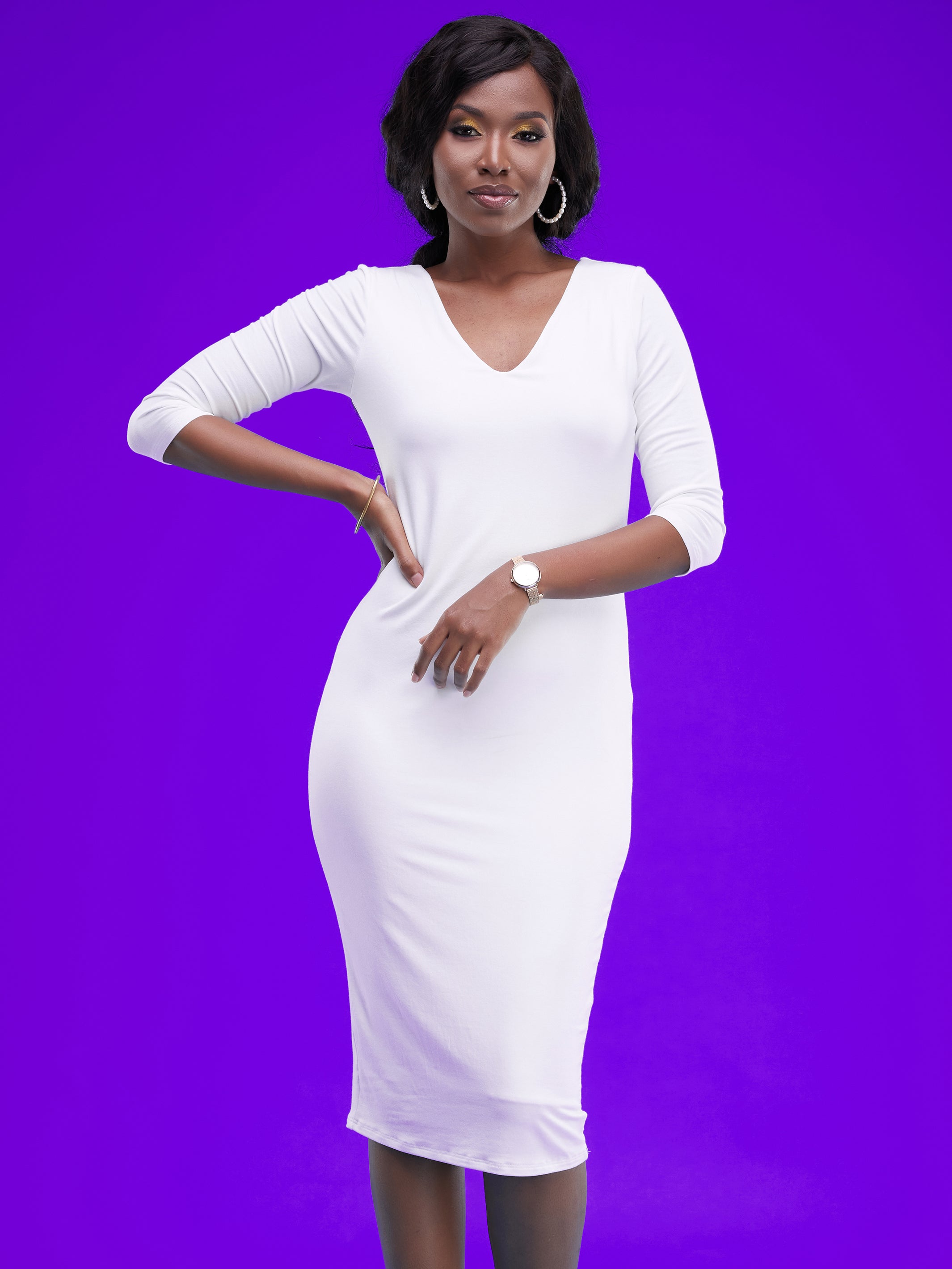 Vivo Basic 3/4 Sleeve Double Layered Bodycon Dress - Off White