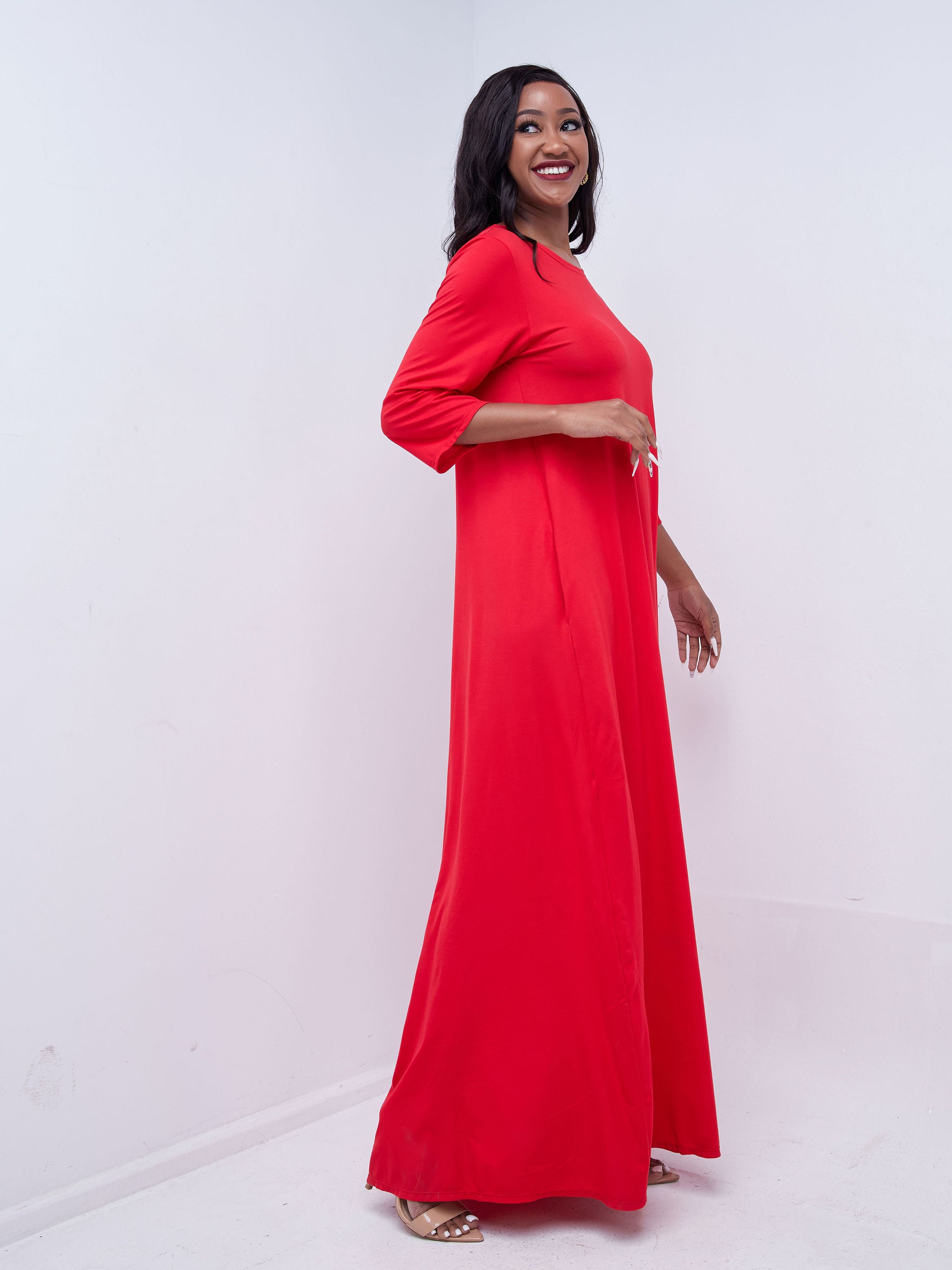 Vivo Basic 3/4 Sleeve Kena Tent Maxi Dress - Red