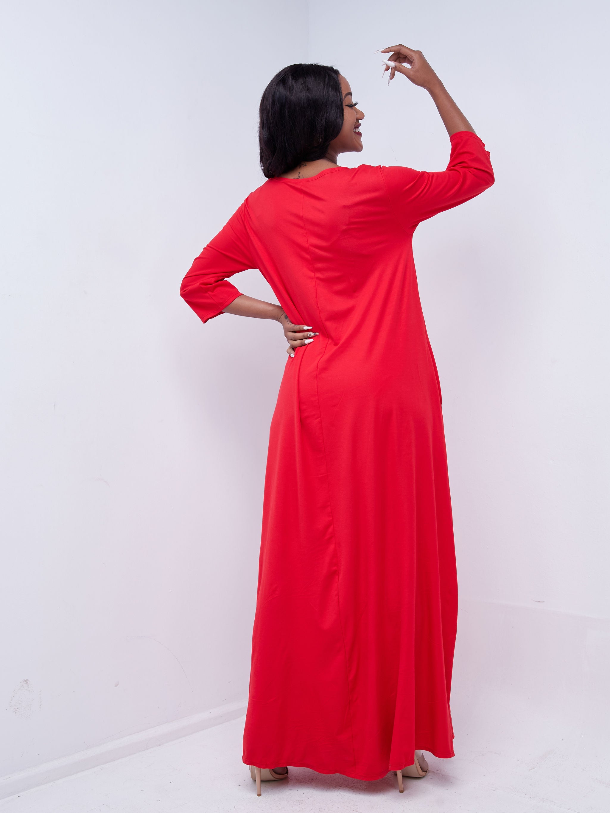Vivo Basic 3/4 Sleeve Kena Tent Maxi Dress - Red