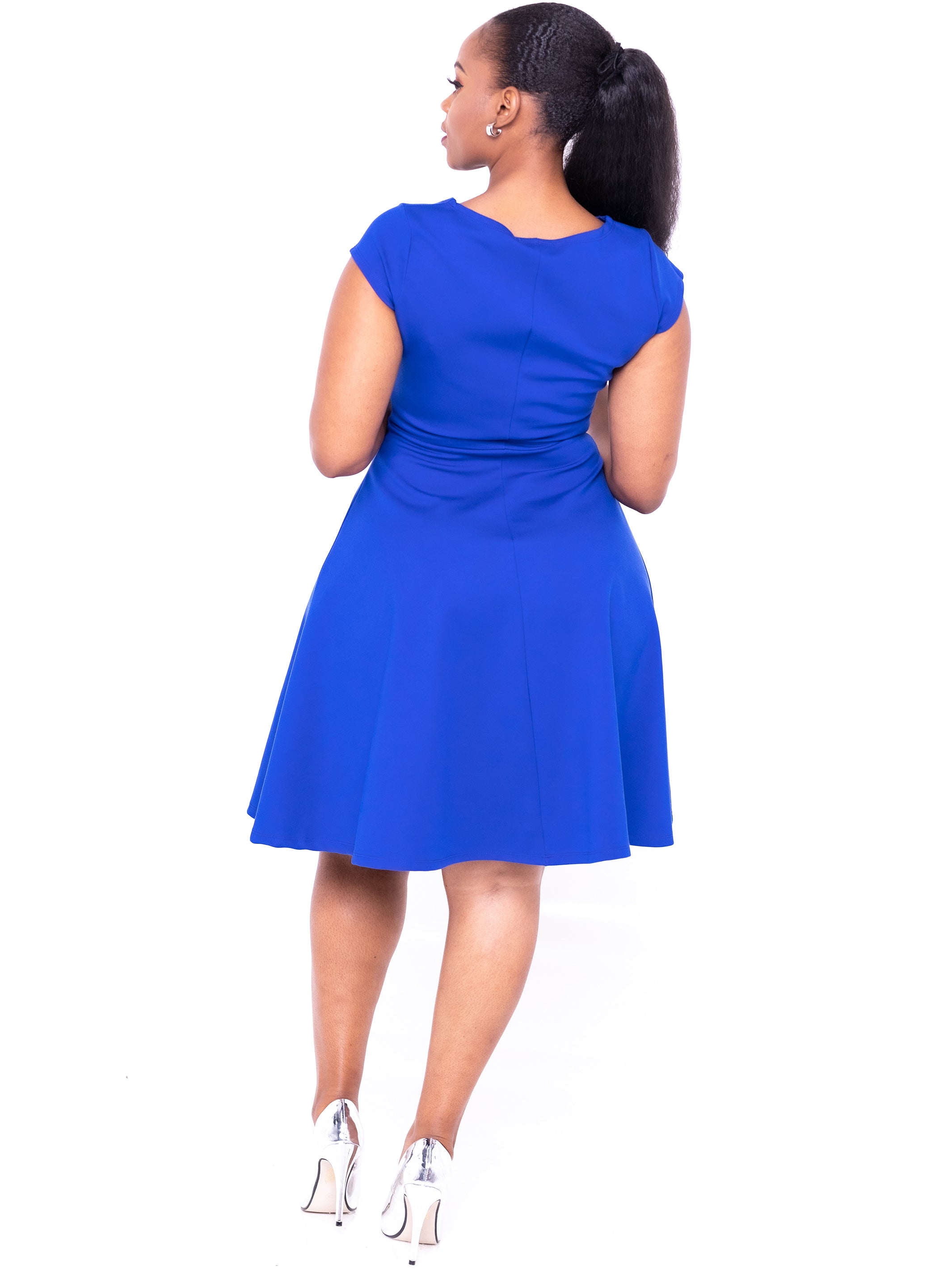 Vivo Basic Cap Sleeved Circular Knee Length Dress - Royal Blue