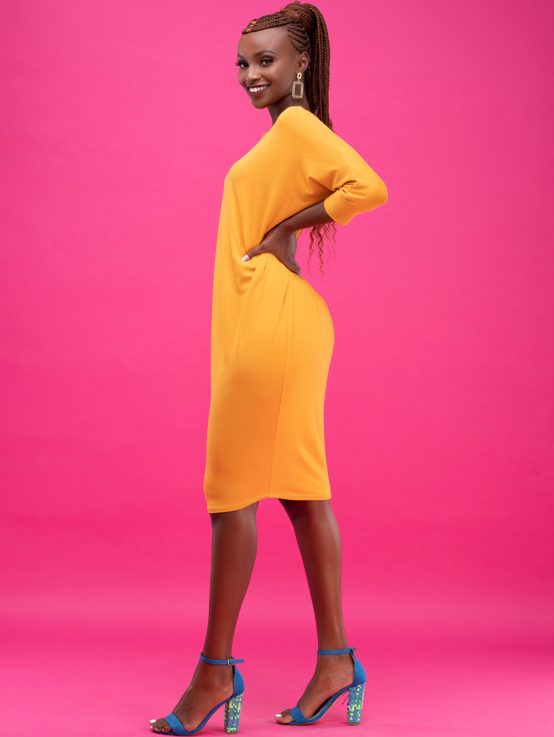 Vivo Basic Cuffed Dolman Jersey Dress - Mustard