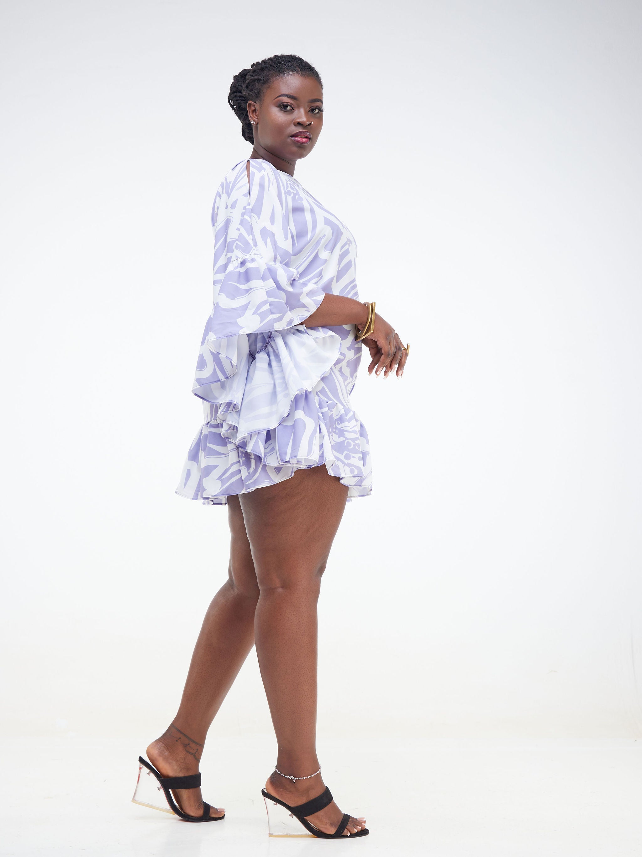Vivo Malindi Flounce Kaftan Dress (JK) - Lilac / White Abstract Print