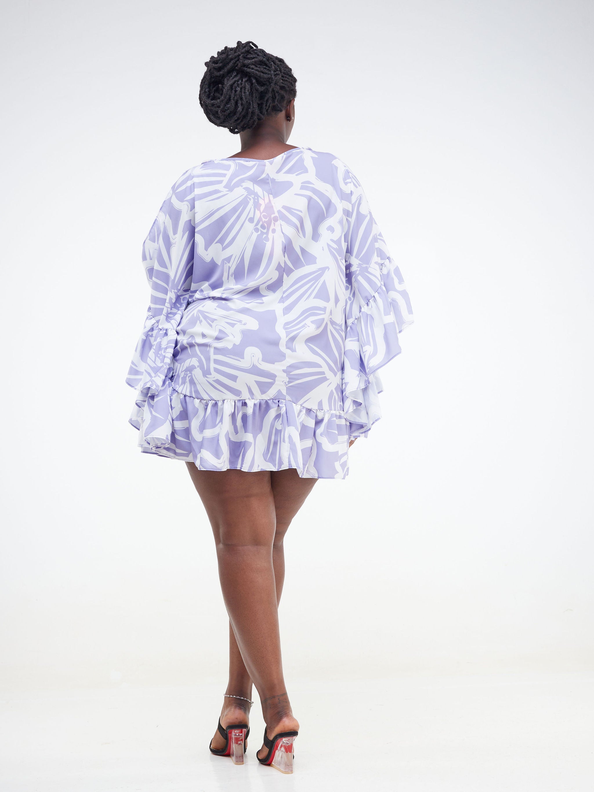 Vivo Malindi Flounce Kaftan Dress (JK) - Lilac / White Abstract Print