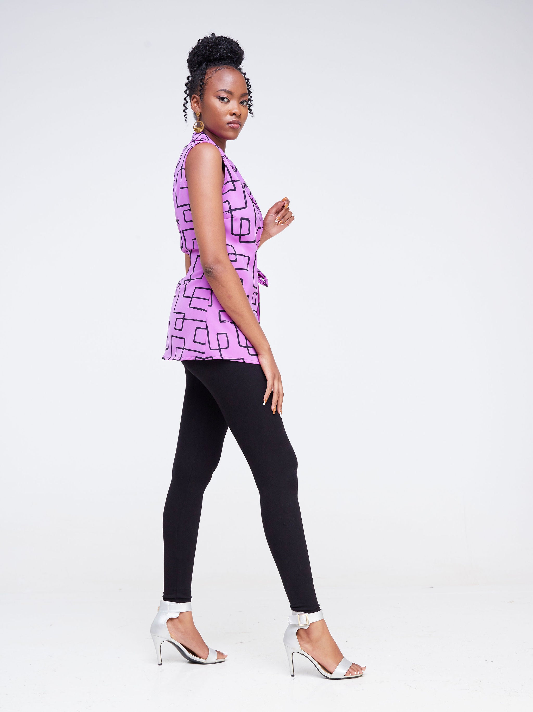 Vivo Fahari Collared Wrap Top - Light Purple / Black Geometric Print