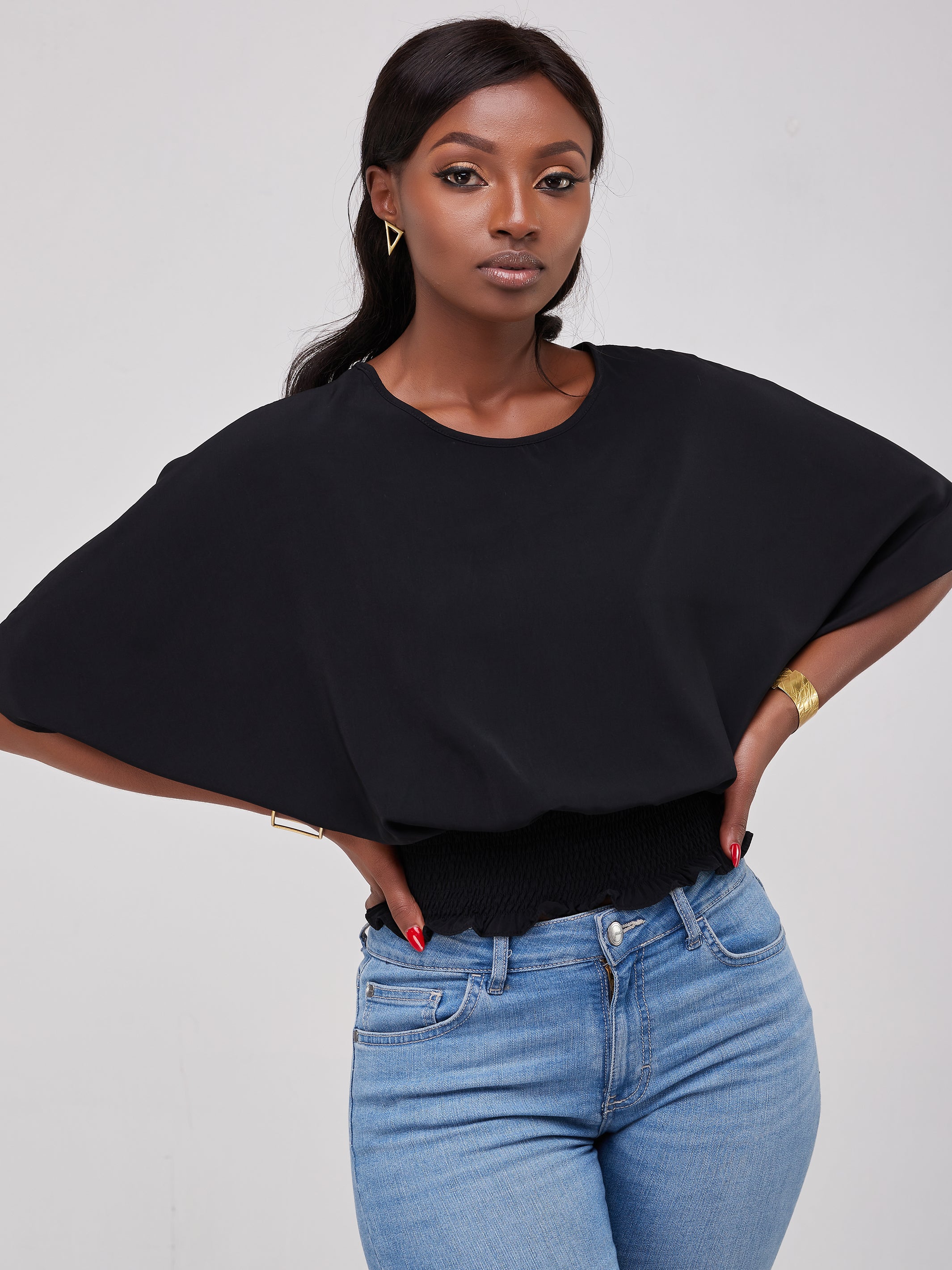 Safari Naima Shirred Waist Chiffon Top - Black