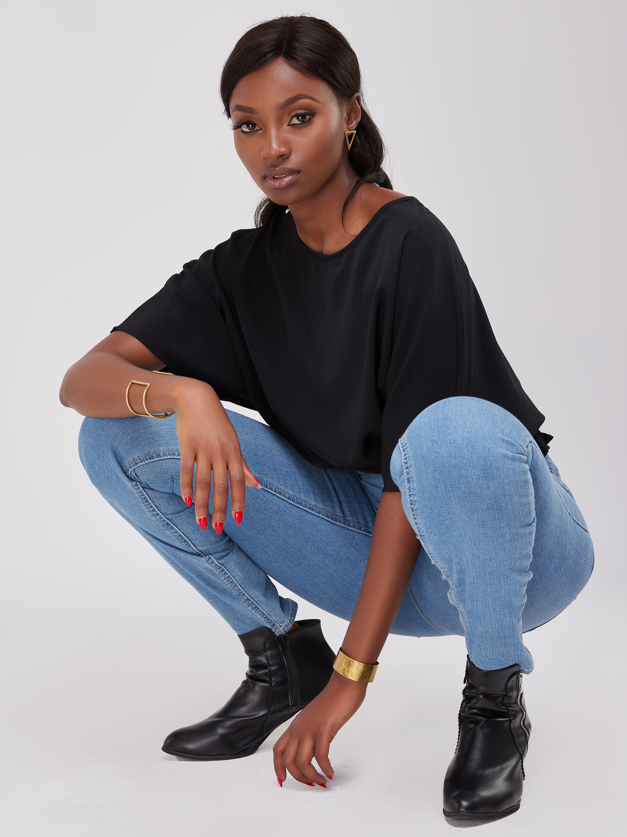 Safari Naima Shirred Waist Chiffon Top - Black