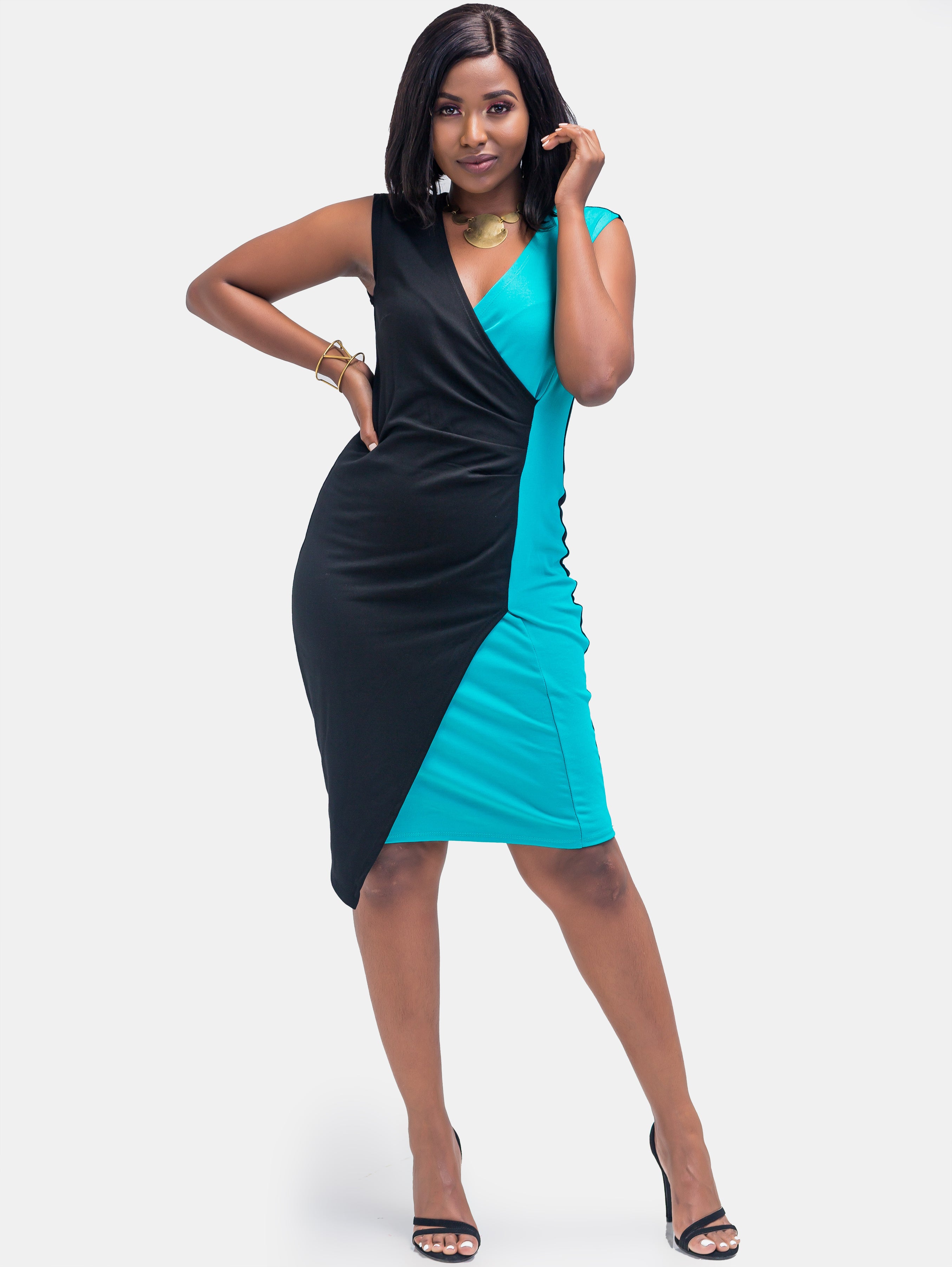Sowairina ZaRa Asymmetrical Dress - Black & Sea Blue