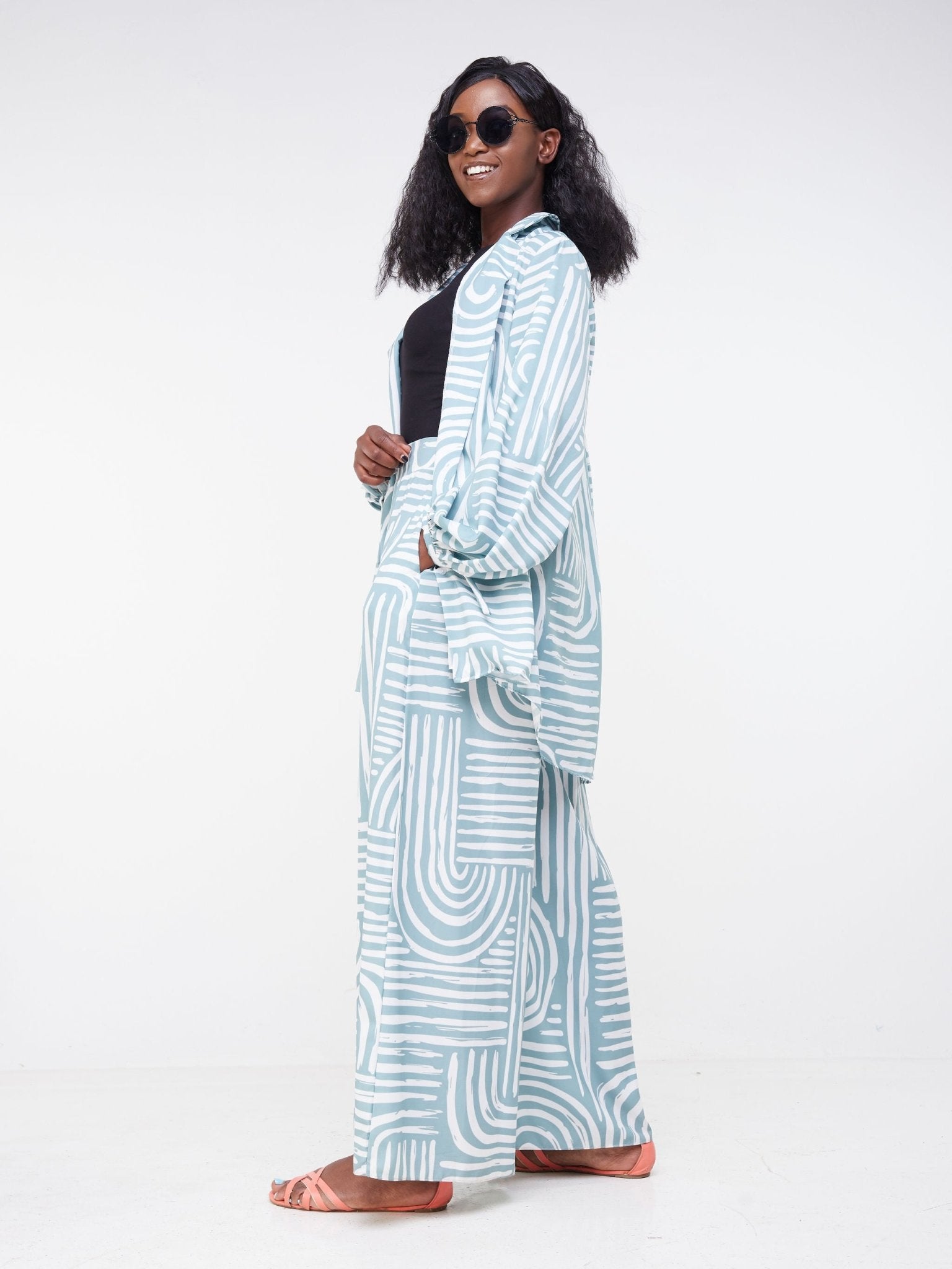 Vivo Malindi Bishop Sleeve Shirt (JK) - Mint Green / White Abstract Print