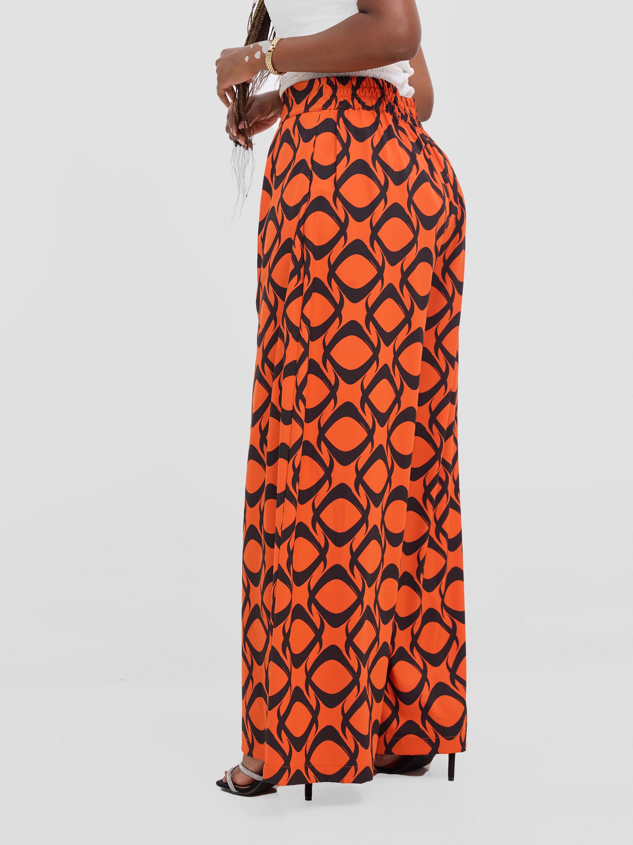Vivo Basic Crepe Pants - Orange / Black Tiki Print